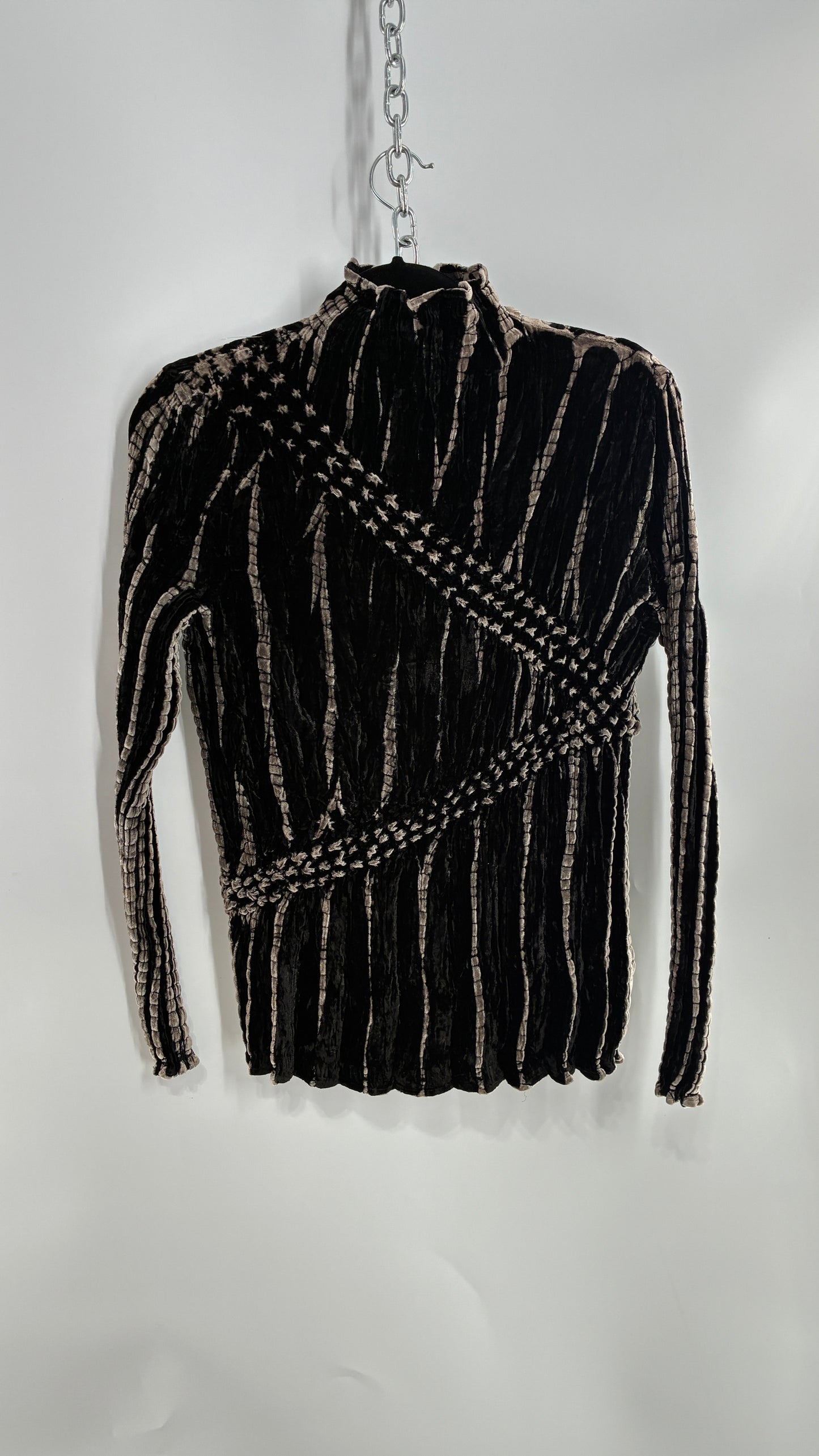 Vintage 1990s Crushed Velvet Black and Beige High Neck Blouse (Small)