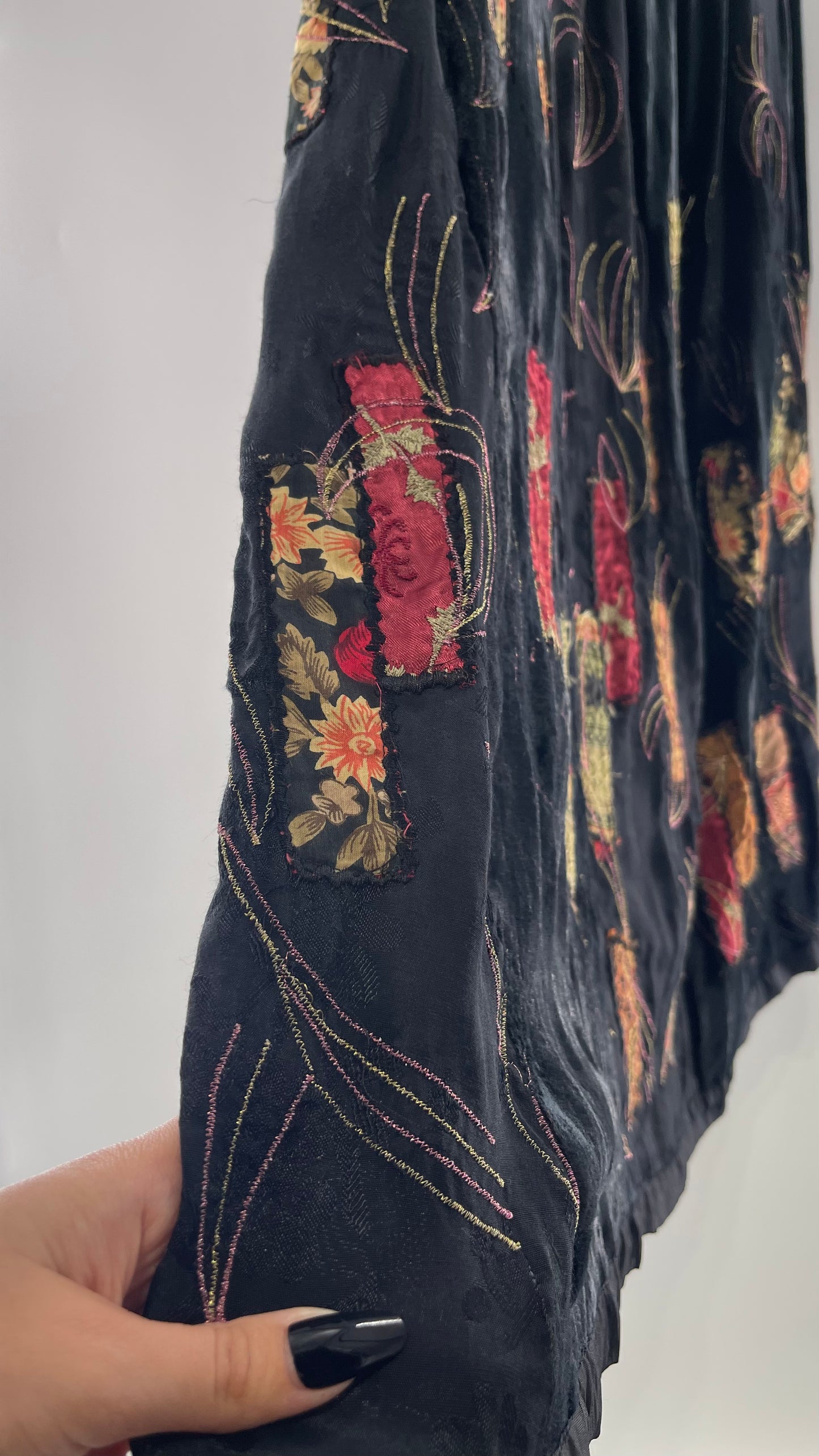 Vintage Black Velvet and Embossed Florals Patchwork Skirt with Metallic Stitch Detailing with Lining and Thick Waistline (M)