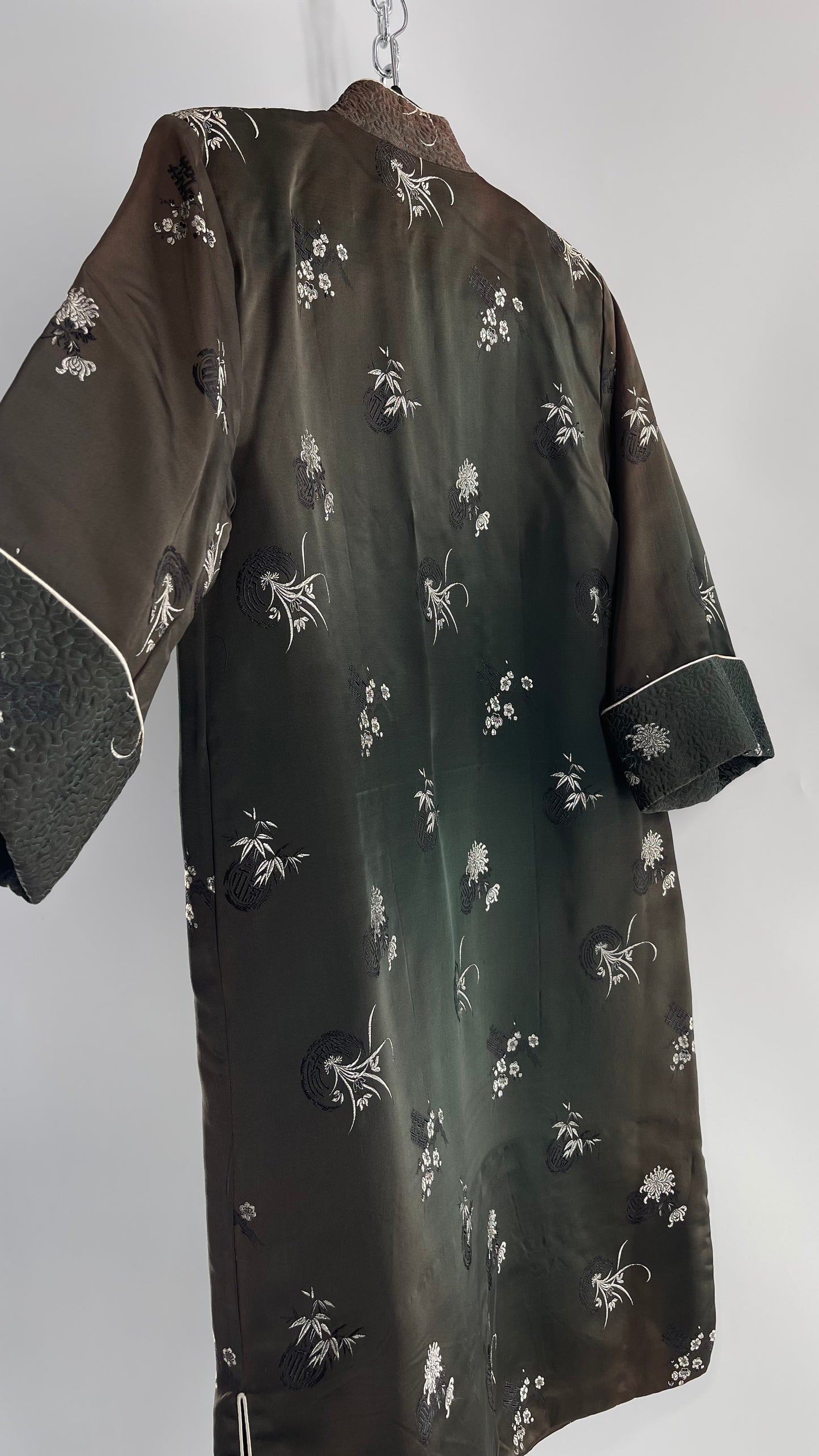 Vintage Hong Kong, Hand Made, Dark Green Silk Kimono Coat/Smoking Jacket (38)