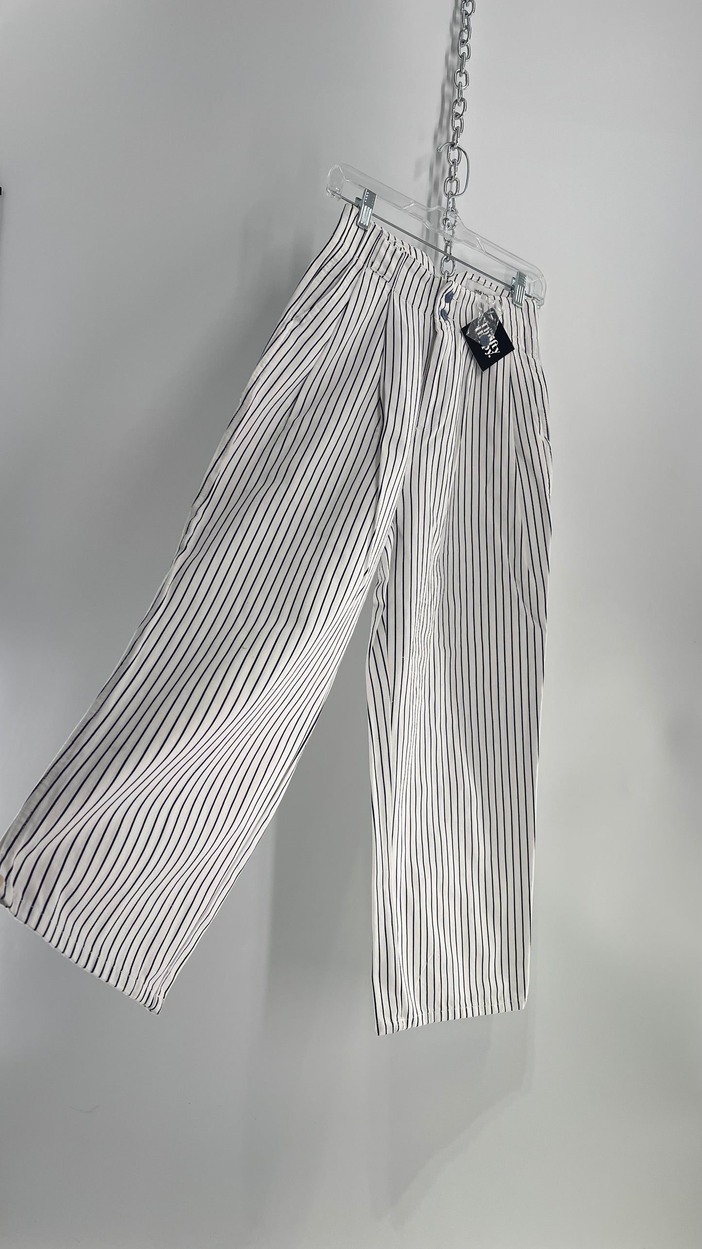 Urban Outfitters White High Waisted Navy Striped Trouser