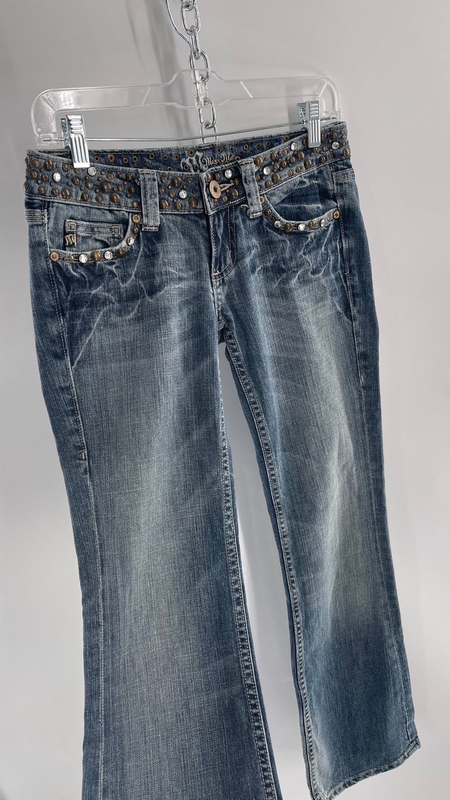 Vintage Miss Me Grainy Stone Wash Kick Flares with Studded Low Waist and Back Pockets (26)