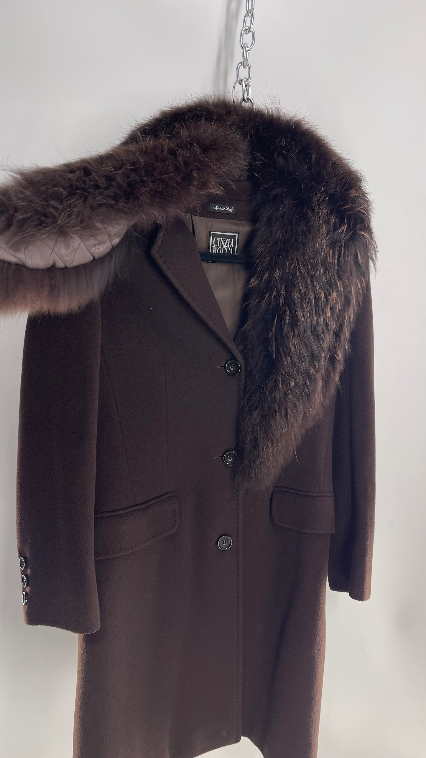 Vintage Designer Cinzia Rocca Brown Coat with Exaggerated Fur Lapel (4)