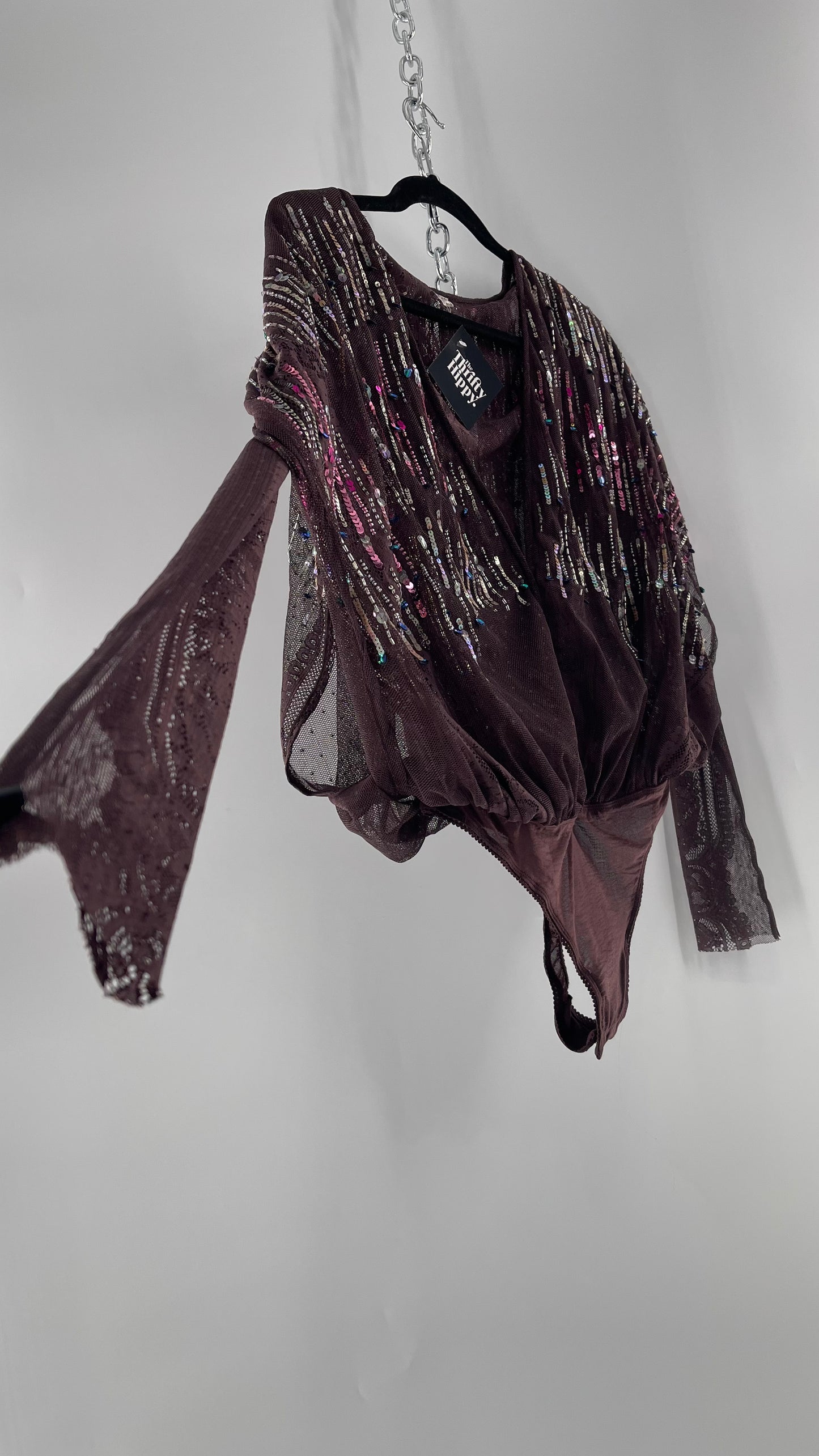 Intimately Free People Plum Mesh Bodysuit with Lace Sleeves and Beaded/Sequined/Embellished Body (Medium)