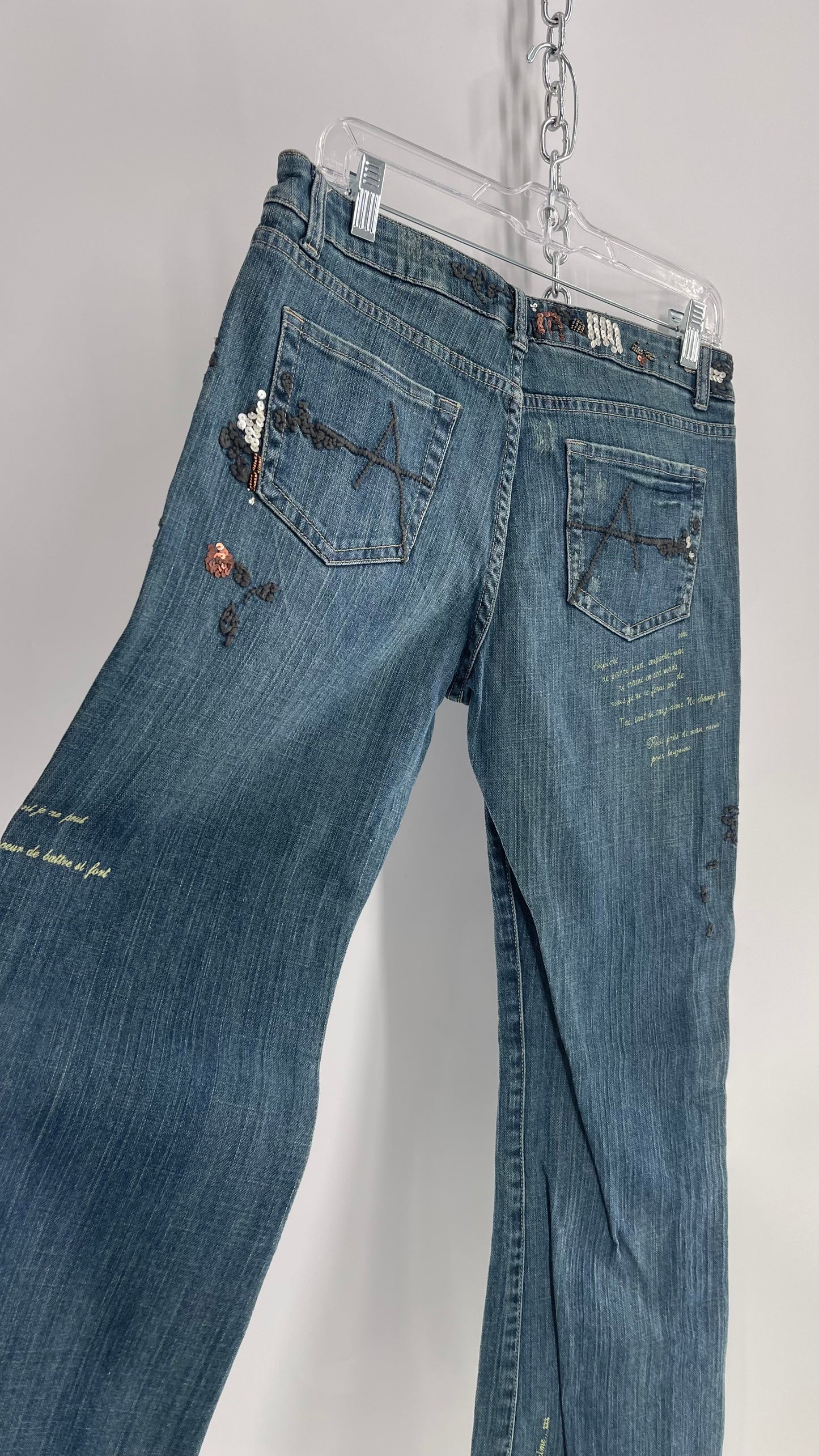 Vintage 1990s American Exchange Embroidered, Beaded Jeans with Distressing and Fade (30)