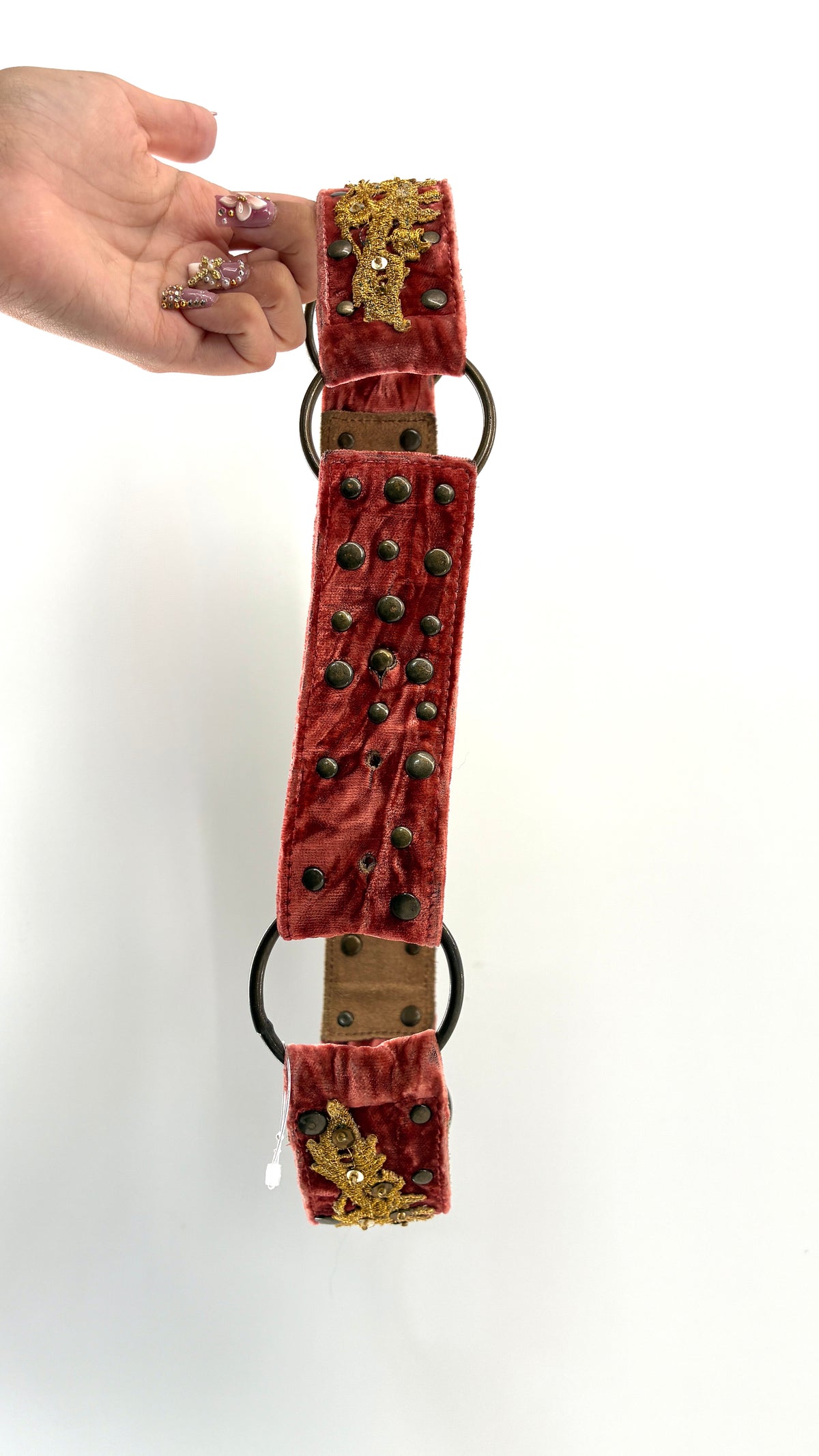 Vintage BETSEY JOHNSON Crushed Velvet Salmon Belt with Gold Appliqué and Metal Studs (Small)