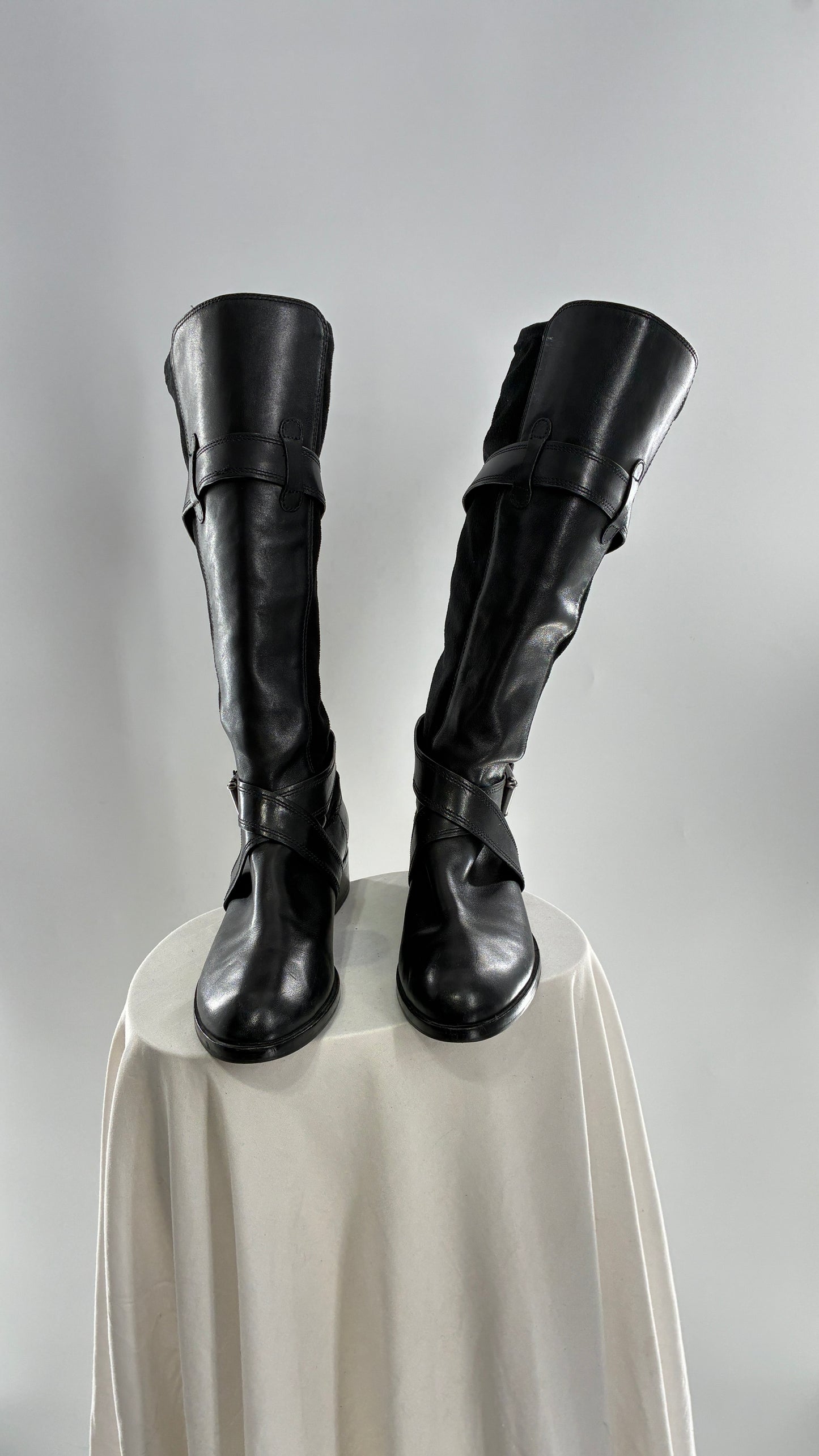 Vintage Cole Haan Black Leather Knee High Boots with Buckle Detailing (7.5)