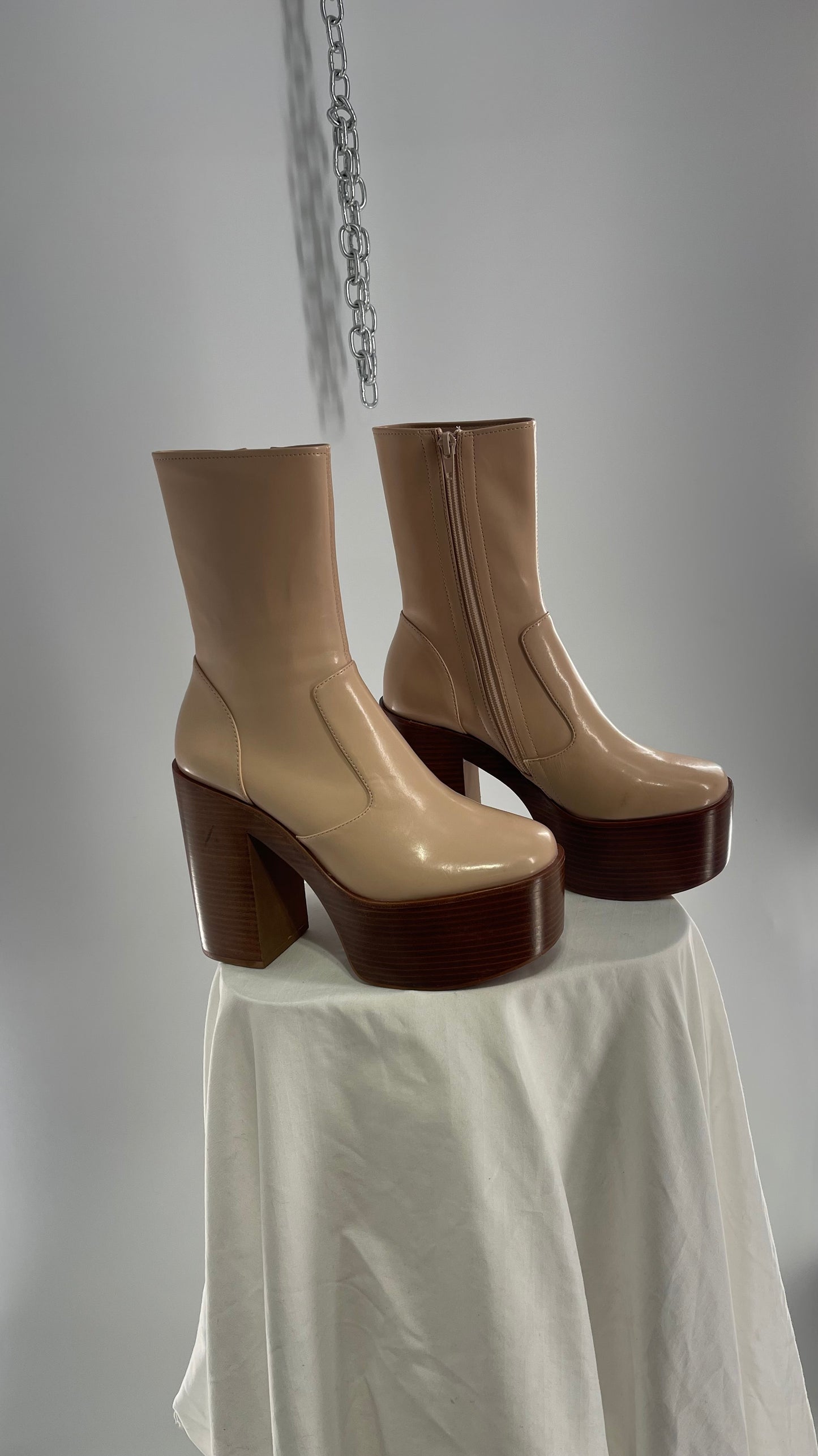 Free People X Jeffrey Campbell Mexique GoGo Boots • Beige Patent Boot with Wood Grain Chunky Block Heel and Platform  (8)