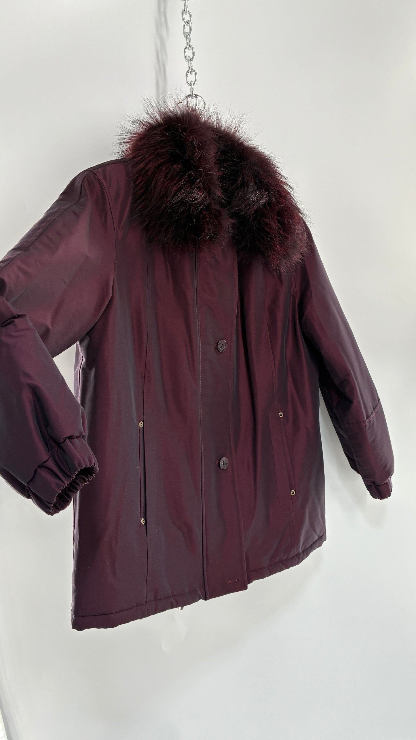 Vintage FLEET STREET Metallic Iridescent Purple Jacket with Exaggerated Genuine Fur Collar (Medium)