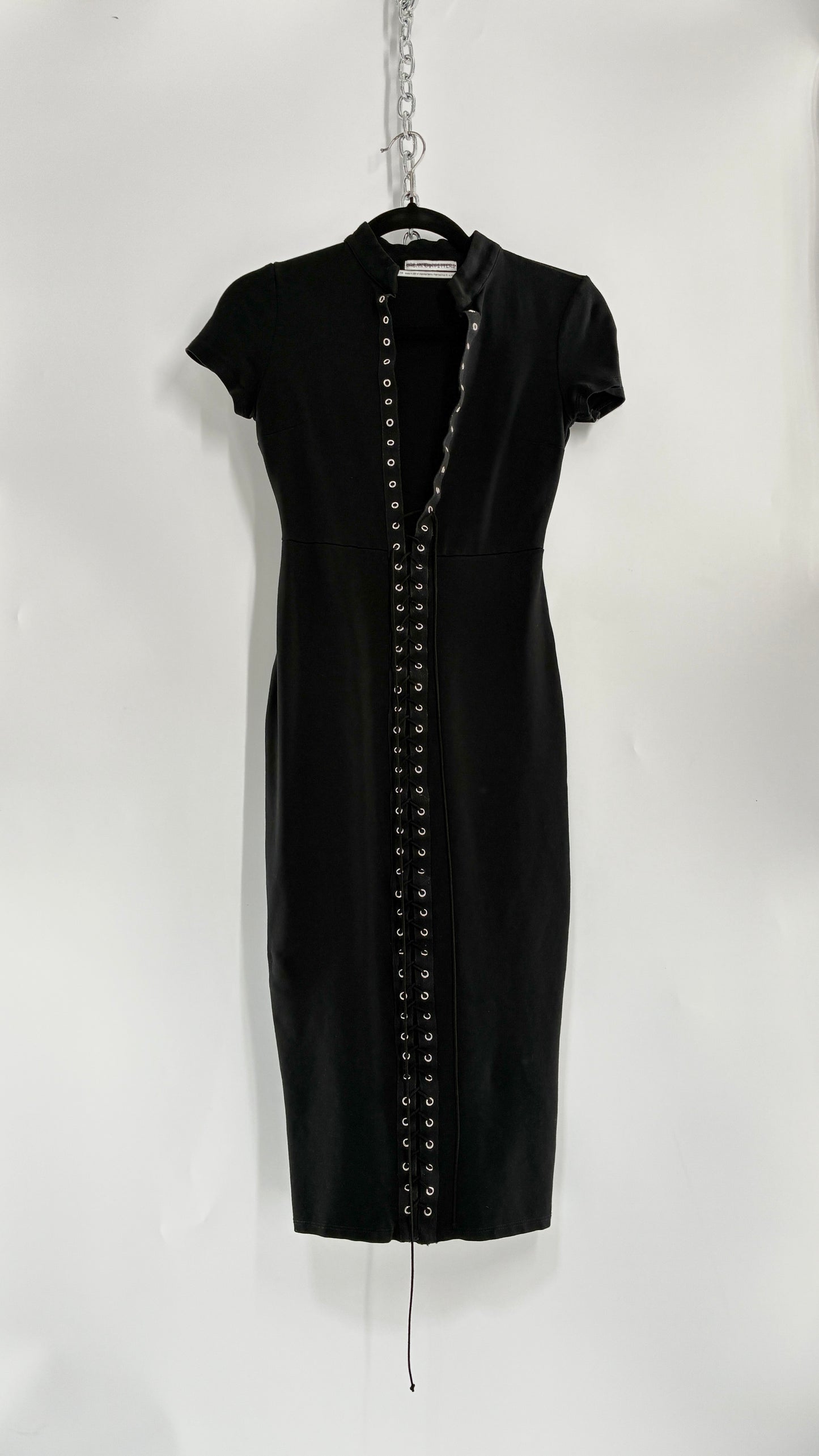 Urban Outfitters Black Midi Bodycon Dress with Tie Up Front and Vented Hem (XS)