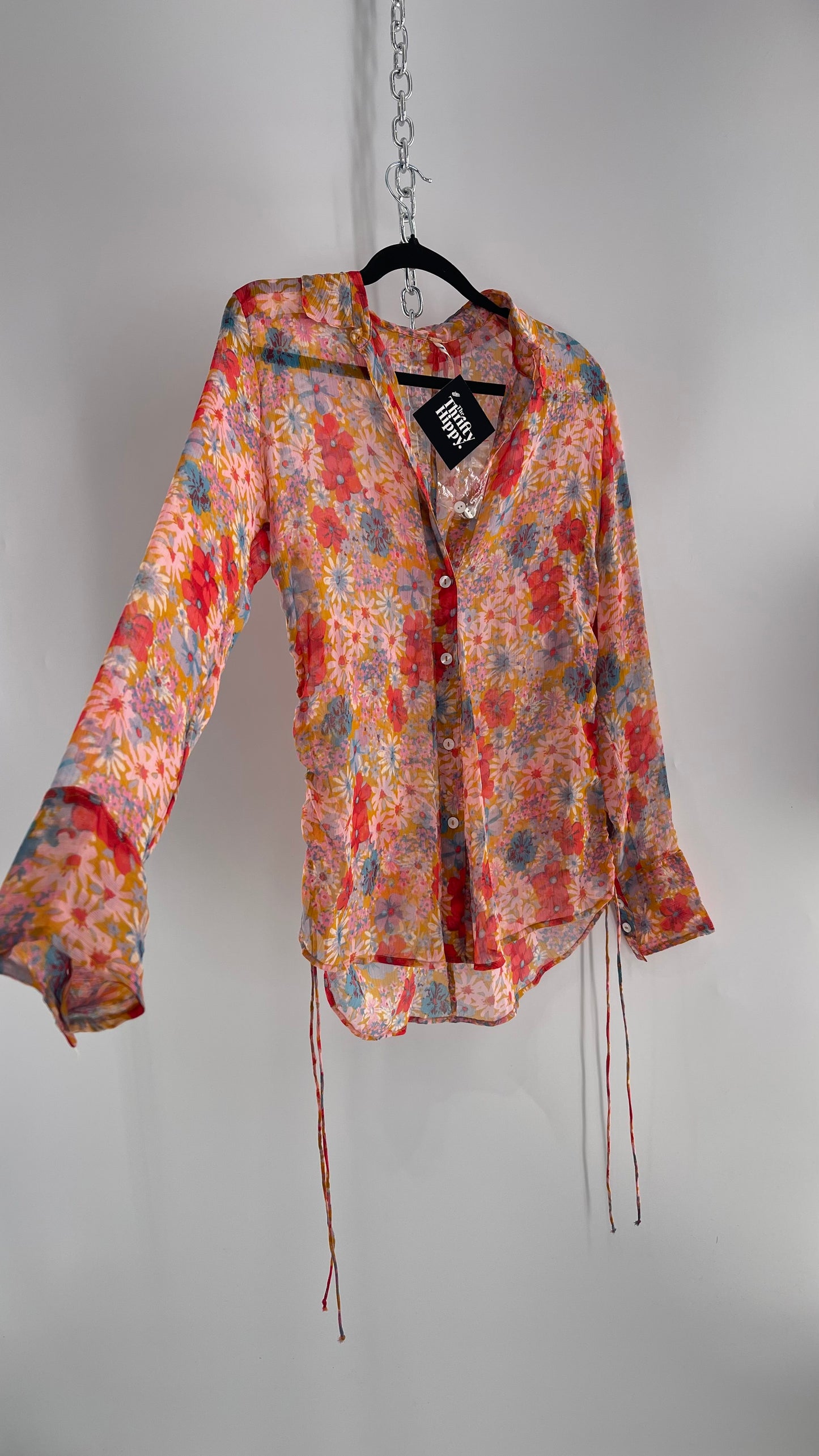 Free People Sheer Orange Floral Button Up with Ruched Sides (XS)