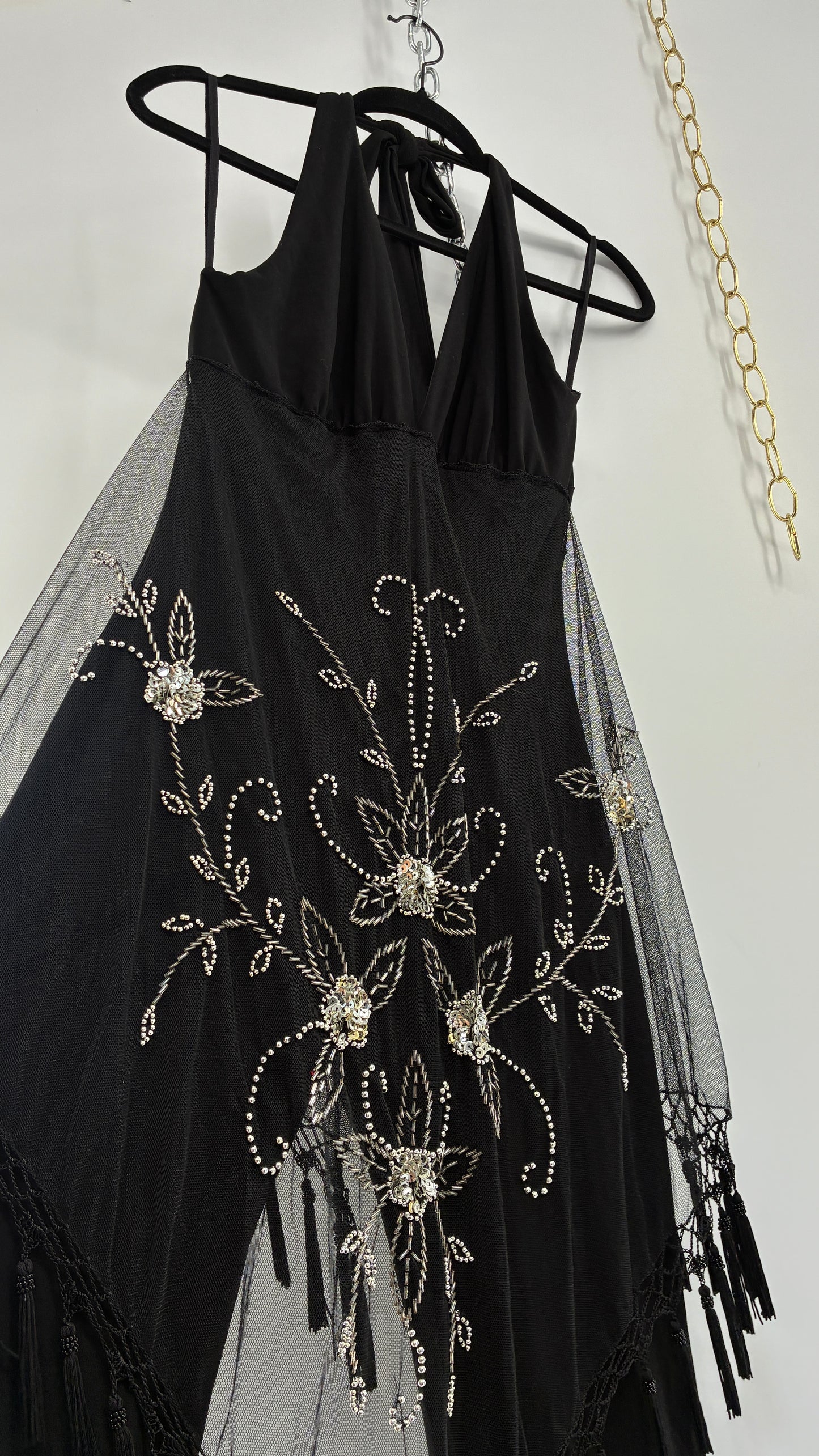 Vintage JANICE Black Jumpsuit with Fringe Embroidered Waist Detail (Large)