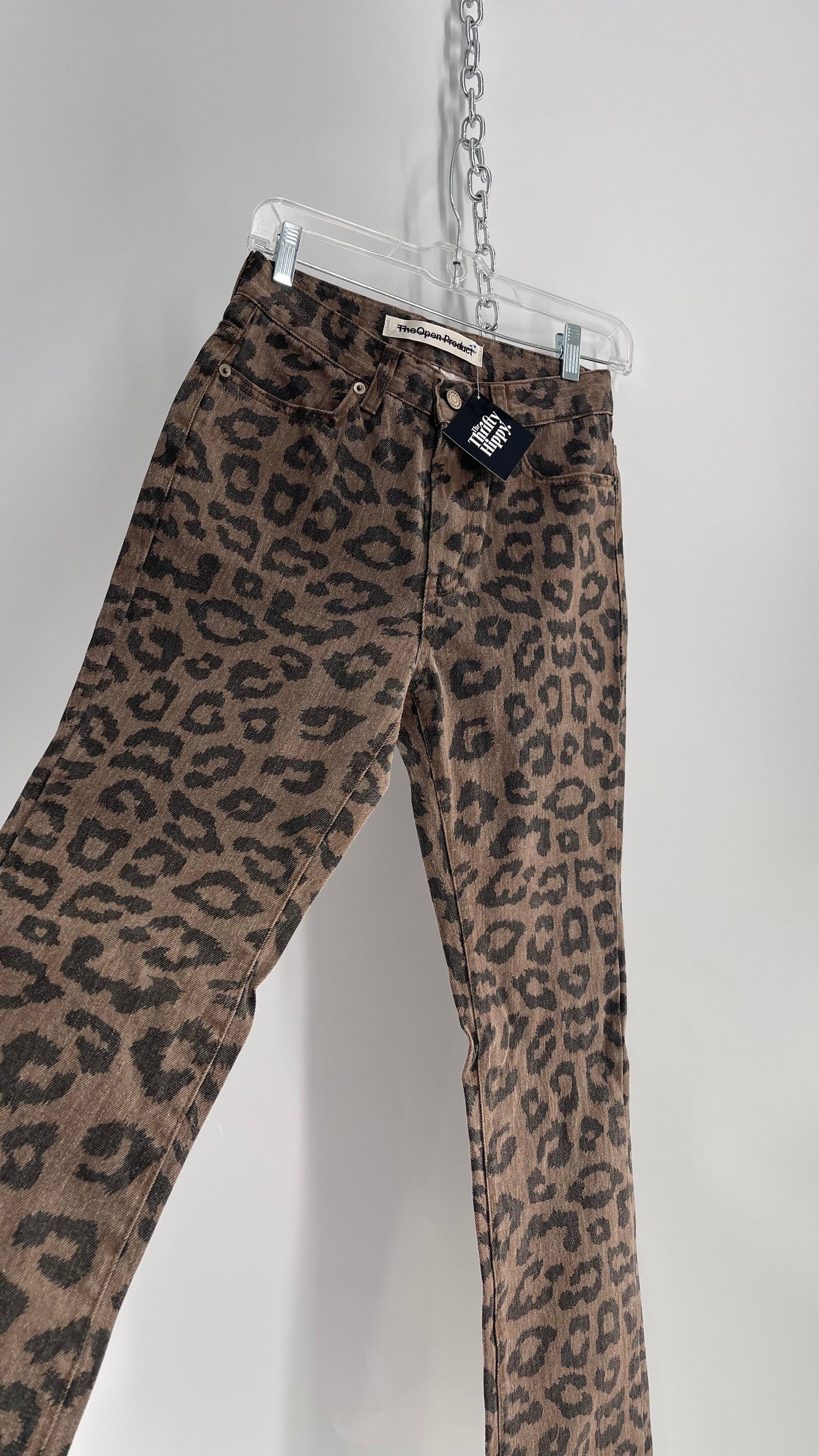 The Open Product Cheetah Print Brown Jeans with Buttons on Hem  (2)