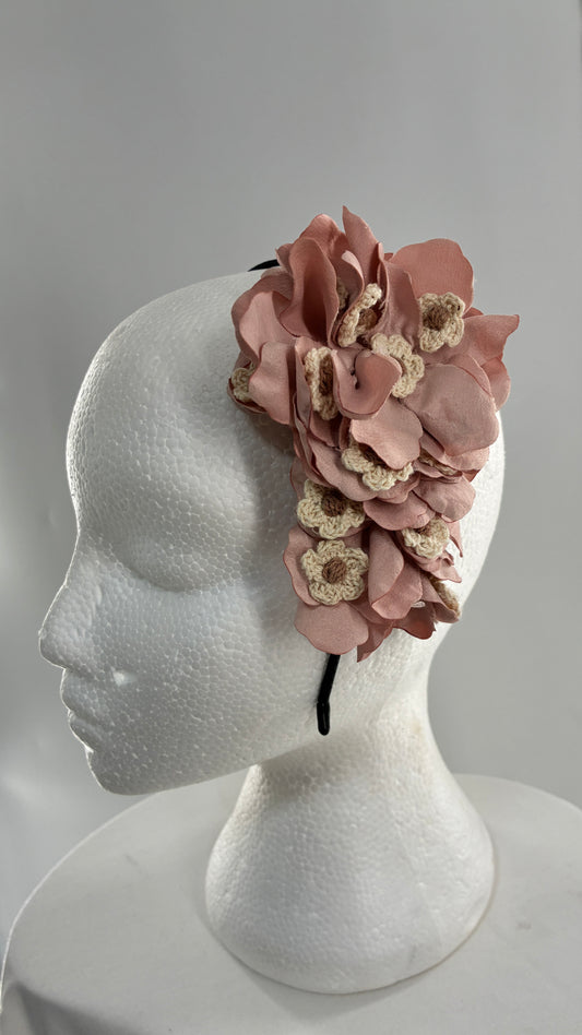 Vintage Handmade FARMER Headband with Pink Petals and Crochet Florals