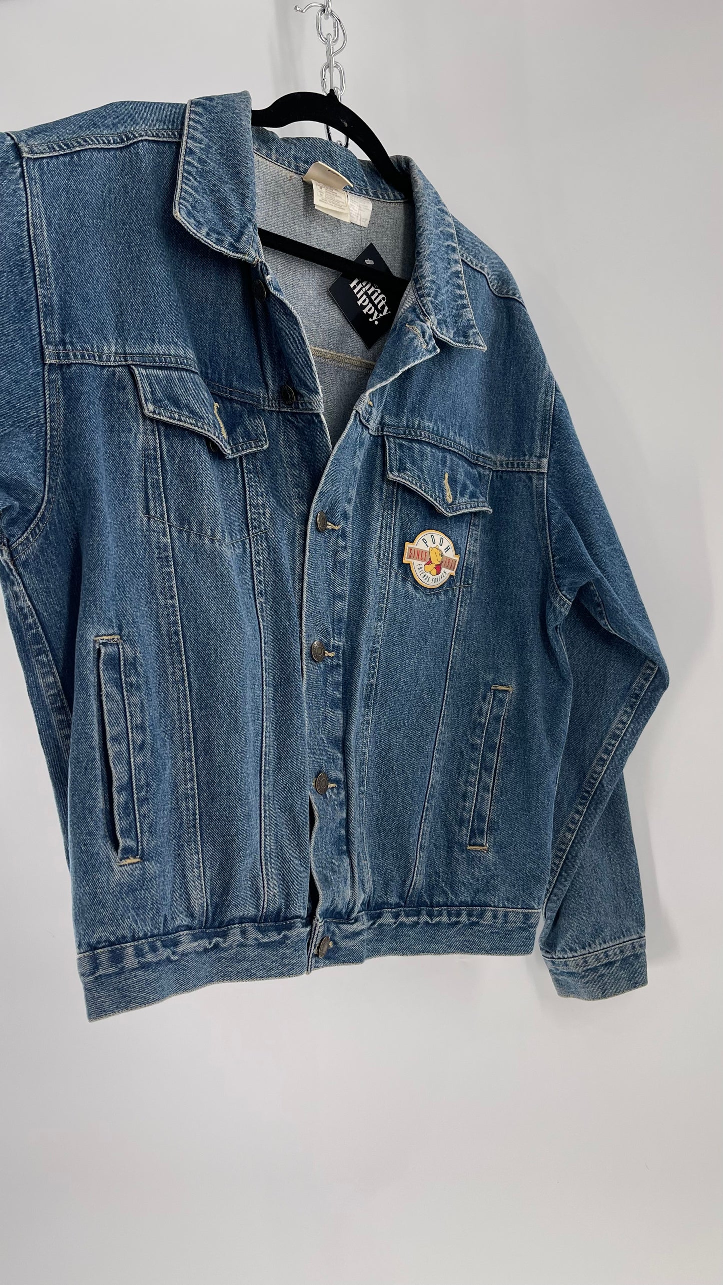 Vintage Disney Denim Jacket with Embroidered Graphic/Patches on Back and Pocket (Medium)