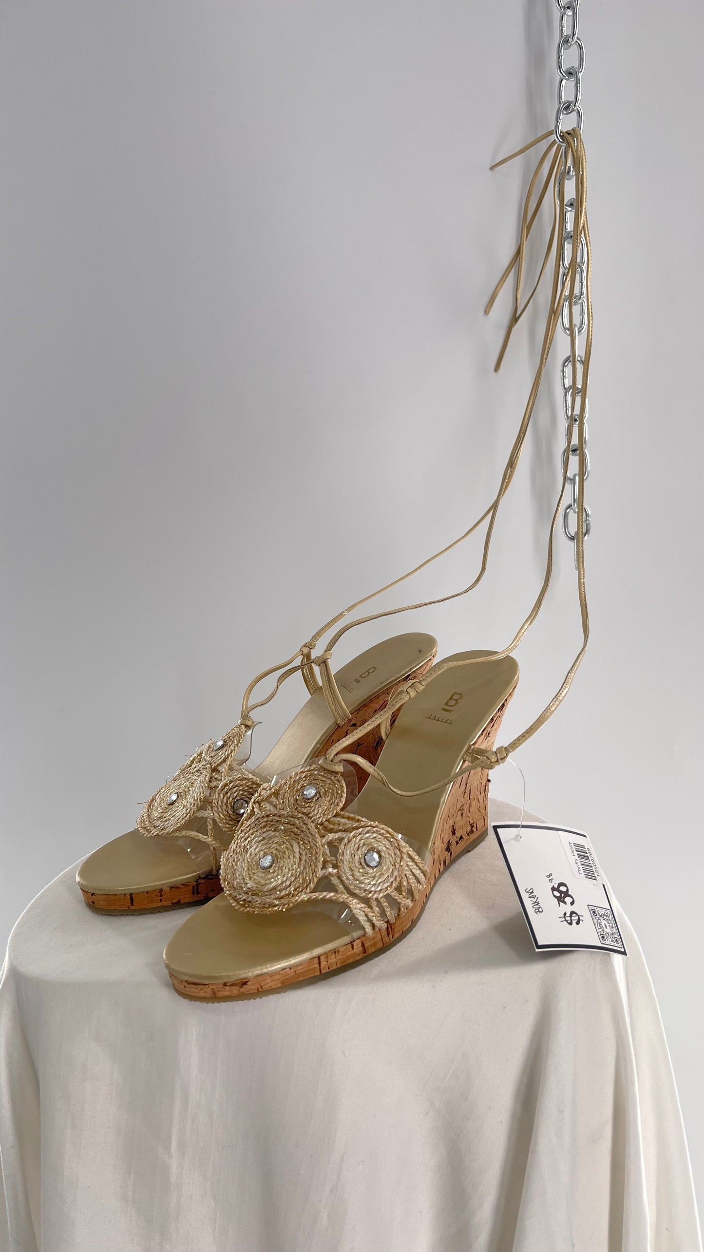 Vintage Bakers Cork Wedge Strappy Neutral Bedazzled Heel (8)