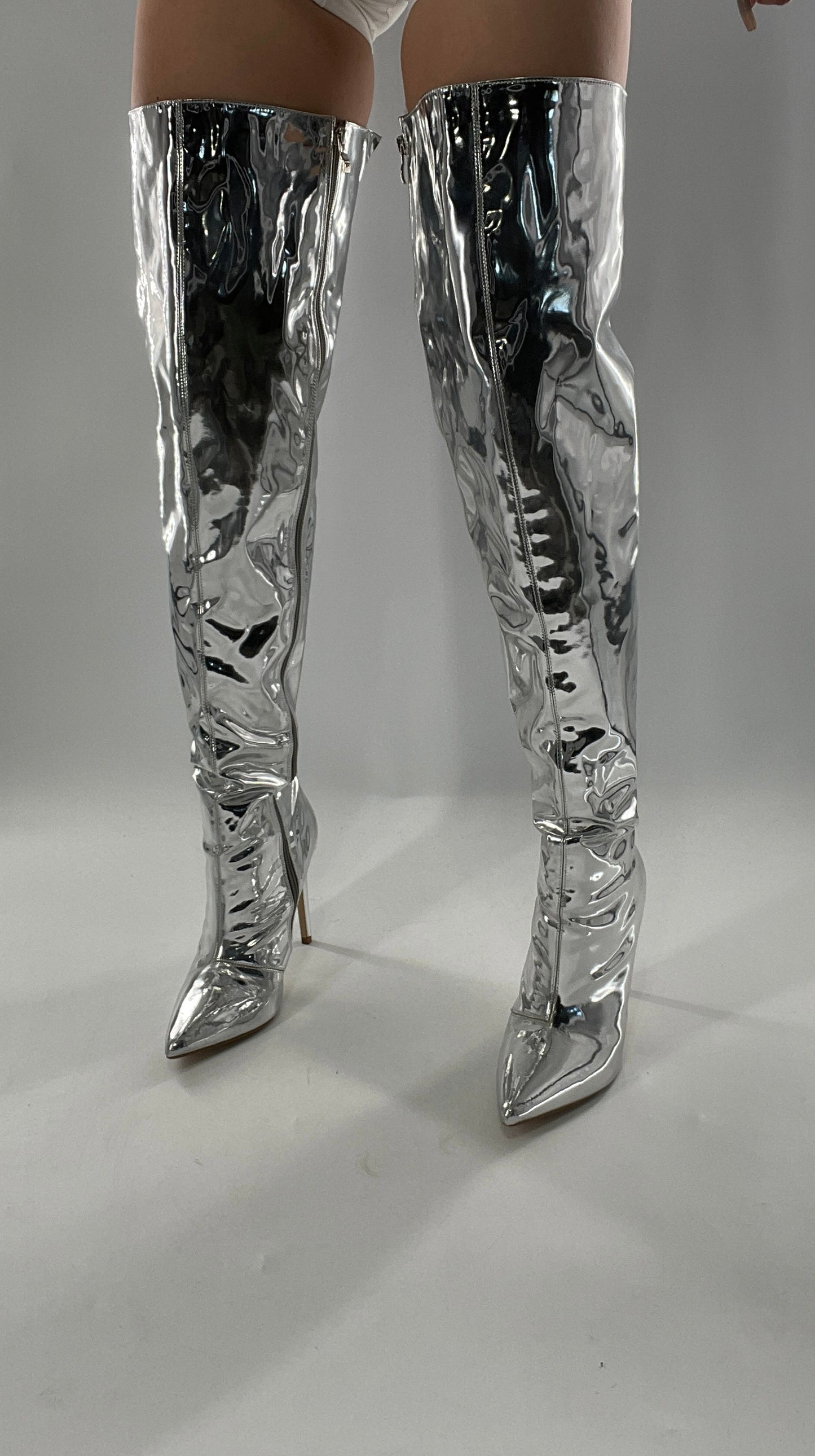 Vintage Chrome Platinum Mirrored Thigh High Molten Metal Sky High Boots Space Cadet/Concert (7)