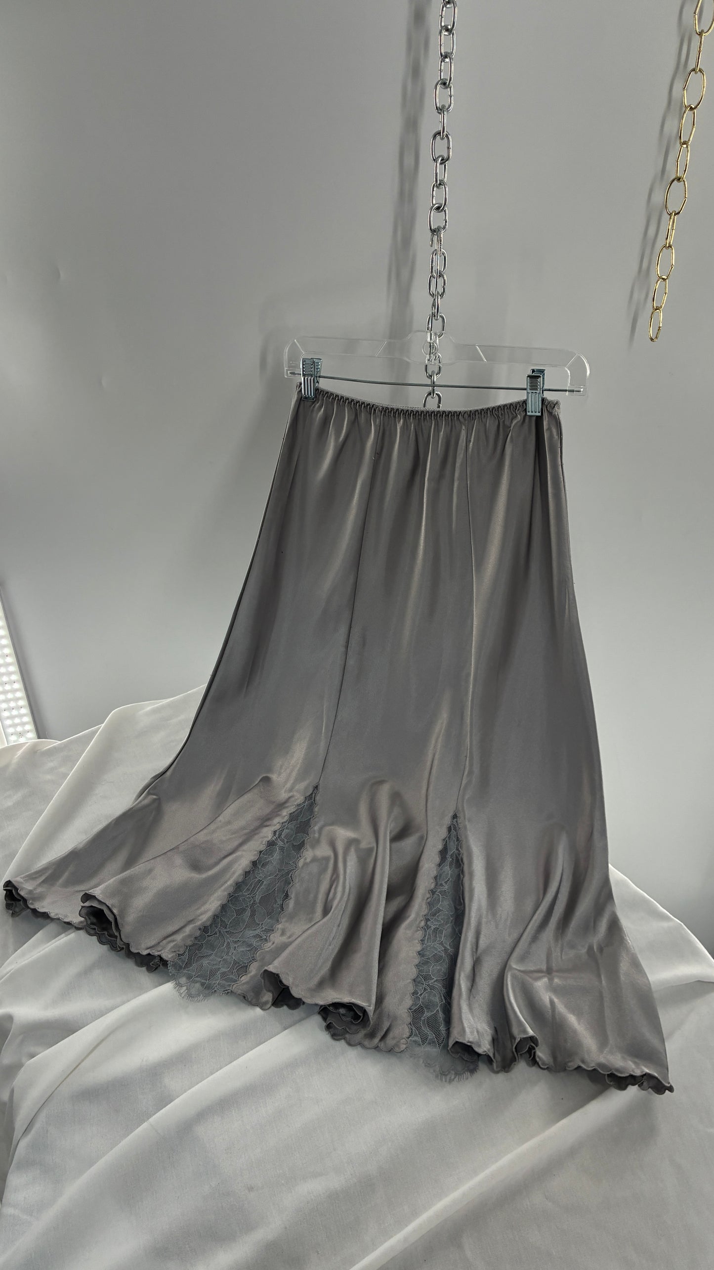 Vintage BARBIZON Silver Skirt with Lace Slits and Scalloped Hem (Medium)