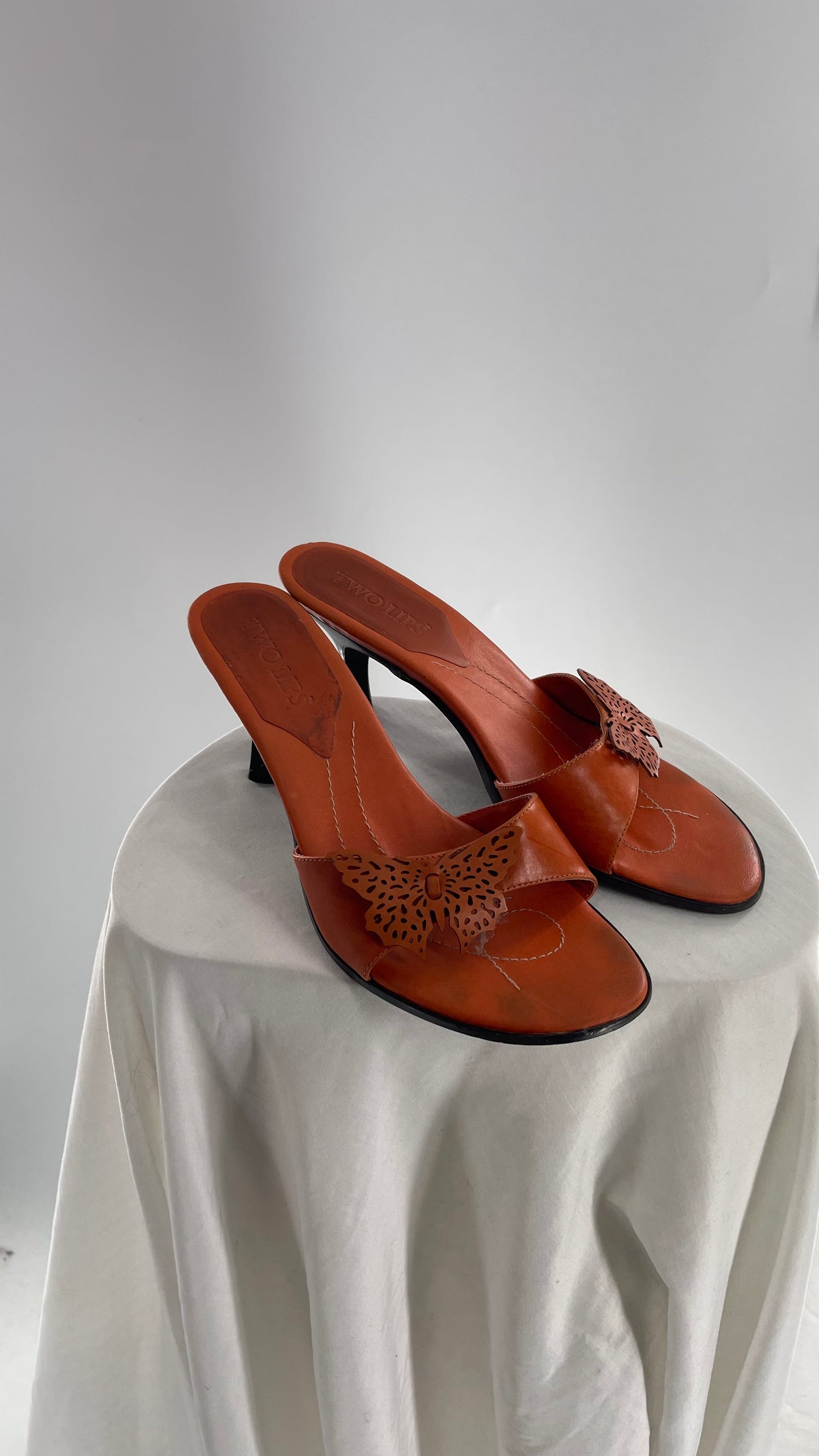 Vintage Two Lips Orange Leather Heels with Butterfly Appliqué (9.5)