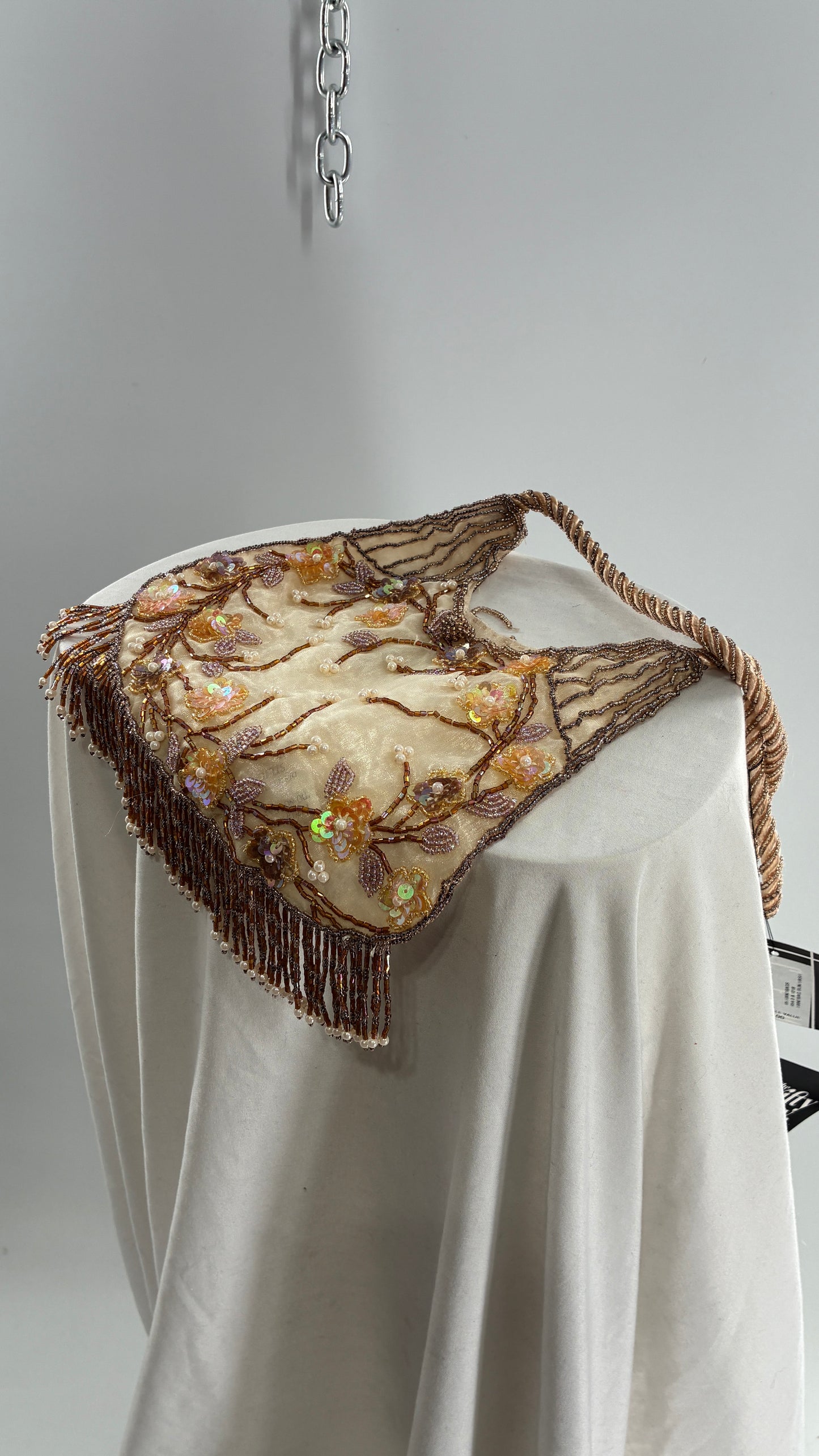 Vintage Deadstock Beige Beaded Fringe Purse with Embroidered Beaded Florals