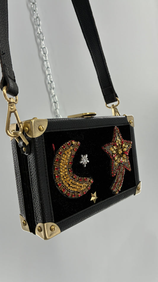 Vintage Sam Edelman Black Leather and Velour Box Case Purse with Gold Hardware and Celestial Beading