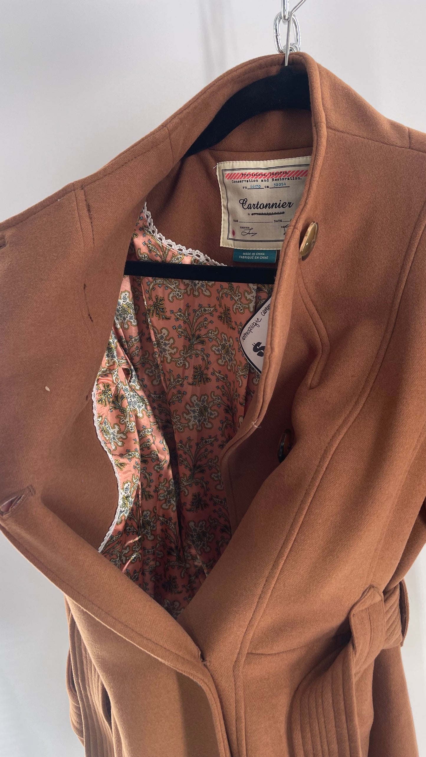 Anthropologie Cartonnier Rust/Brown Trench Coat with Satin Paisley Lining (6P)