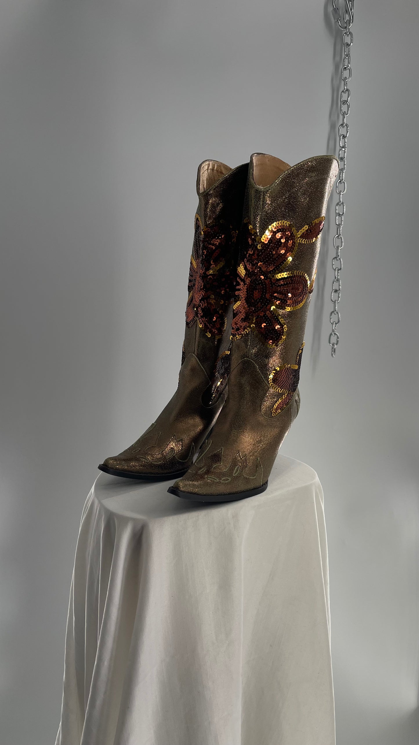 RARE Vintage Foot Candy Sage Green/Bronze Leather Cowboy Boots with Sequin Flowers and Flame Details (6.5)