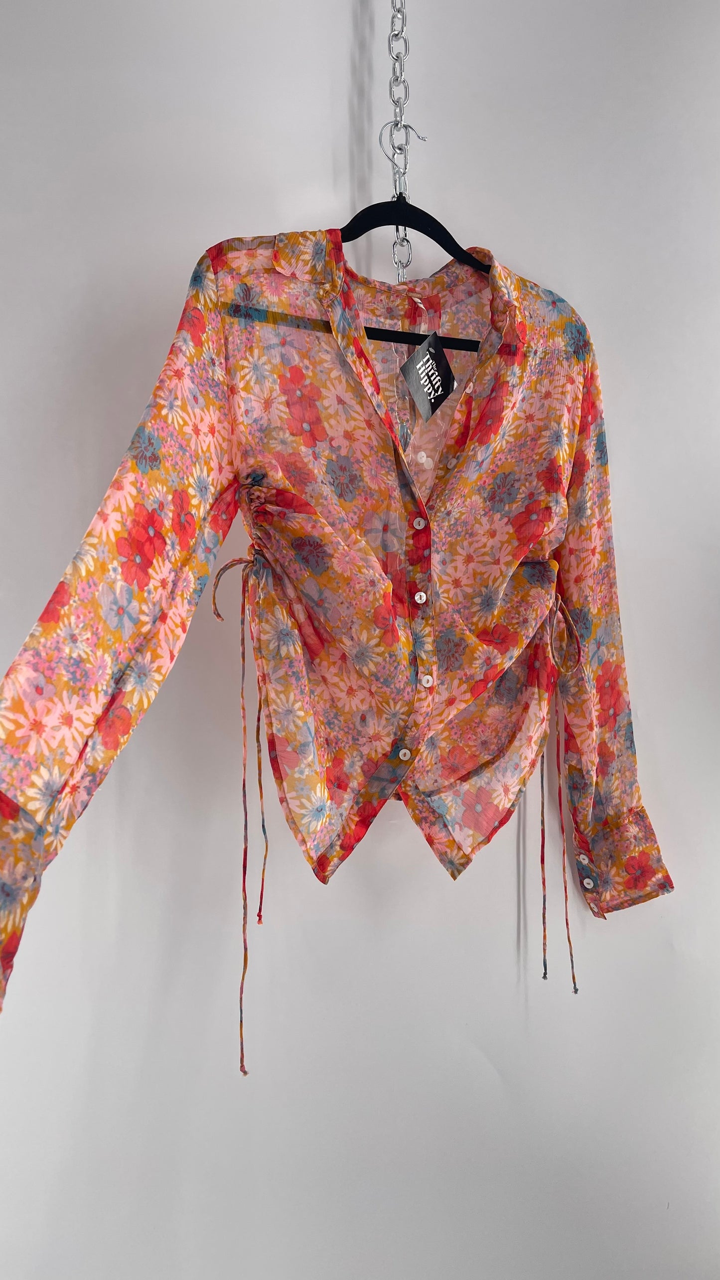 Free People Sheer Orange Floral Button Up with Ruched Sides (XS)