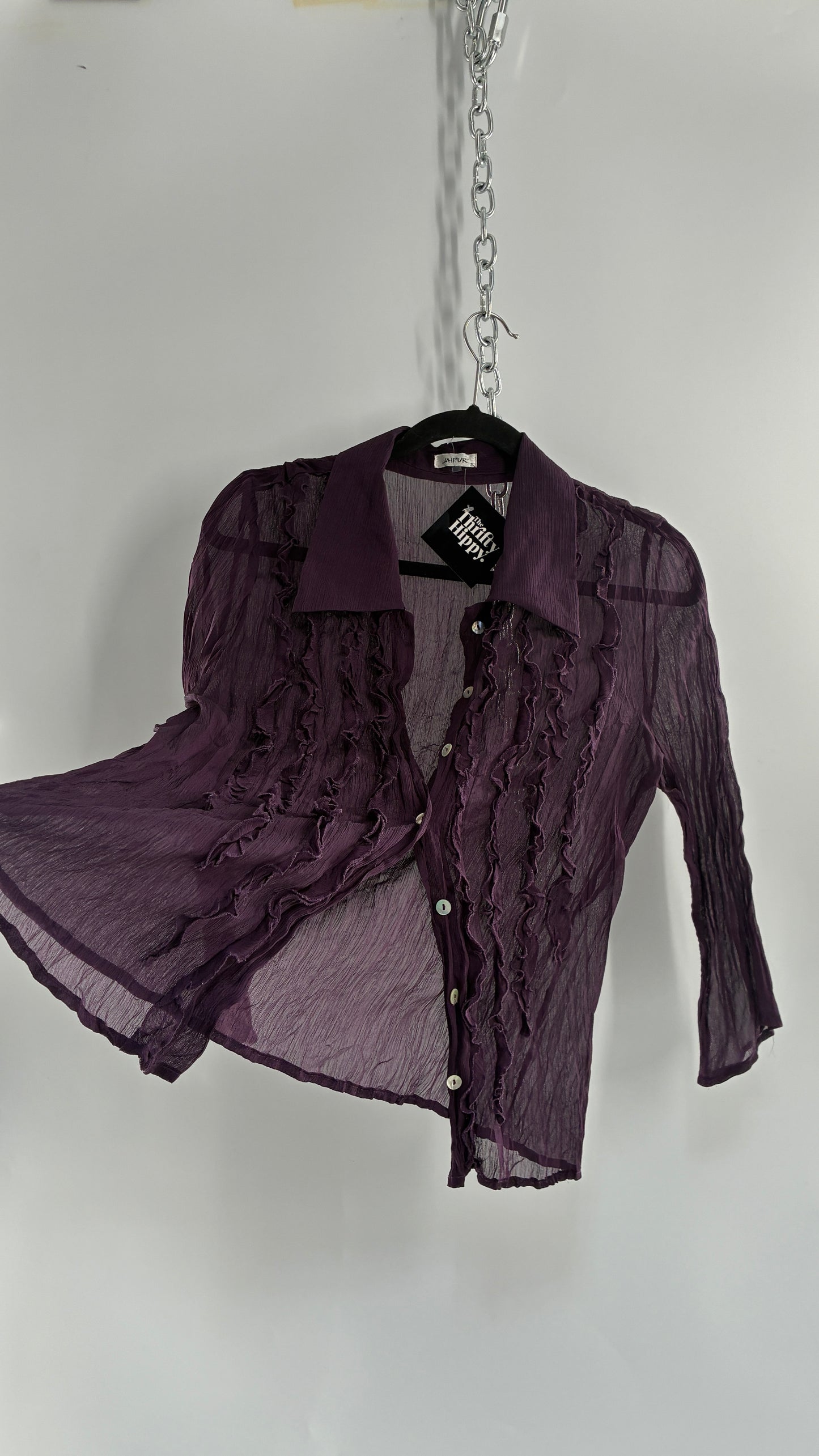 Vintage 1990s JAIPUR Purple Crimped Button Blouse with Ruffled Details (Small)