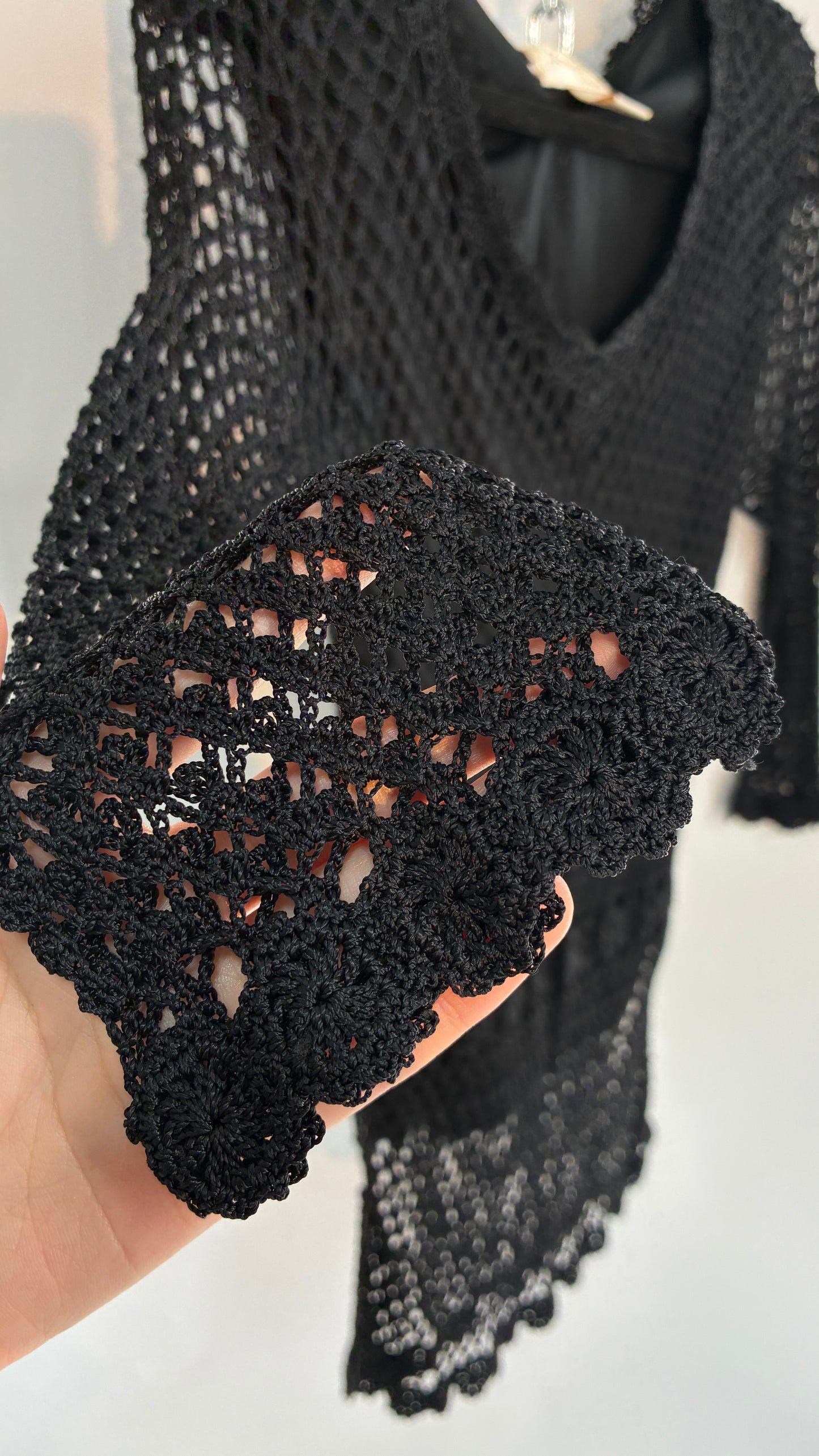 Vintage KROSHETTA by PAPILLON  Black Crochet Quarter Sleeve Blouse (Medium)