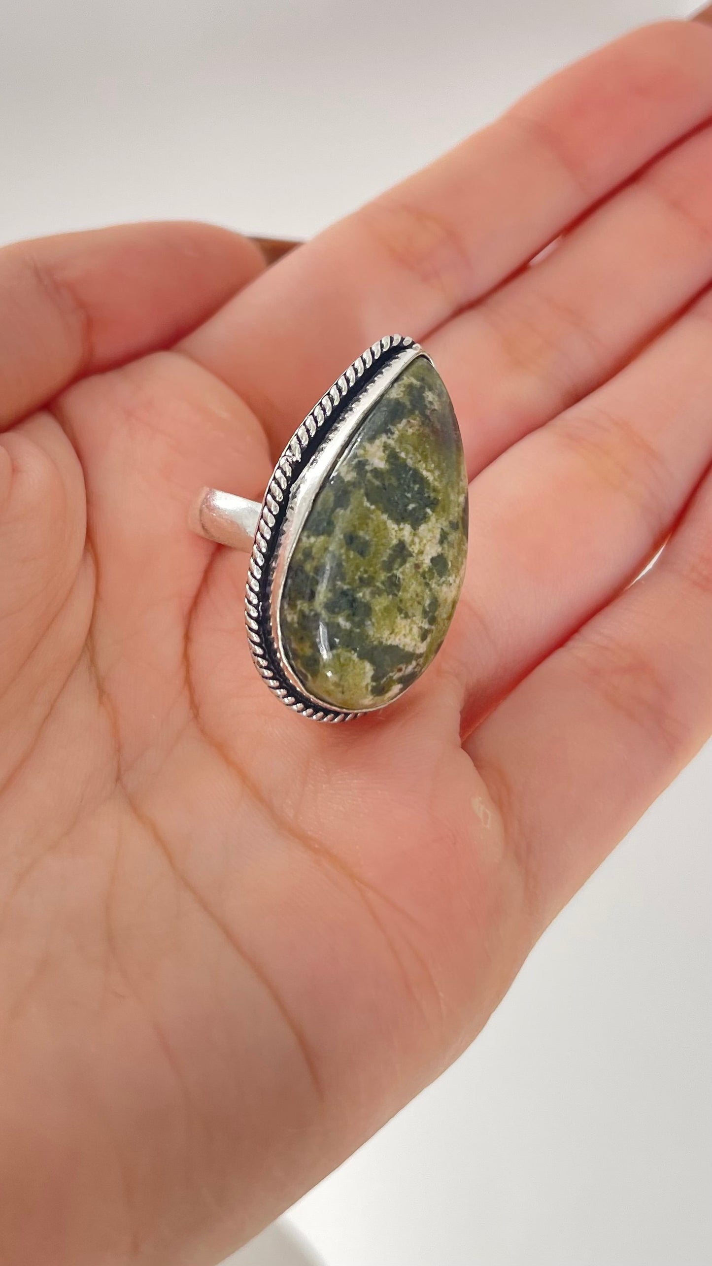 Vintage Large Teardrop Shaped RainForest Jasper Stone Set in 925 Sterling Silver Ring