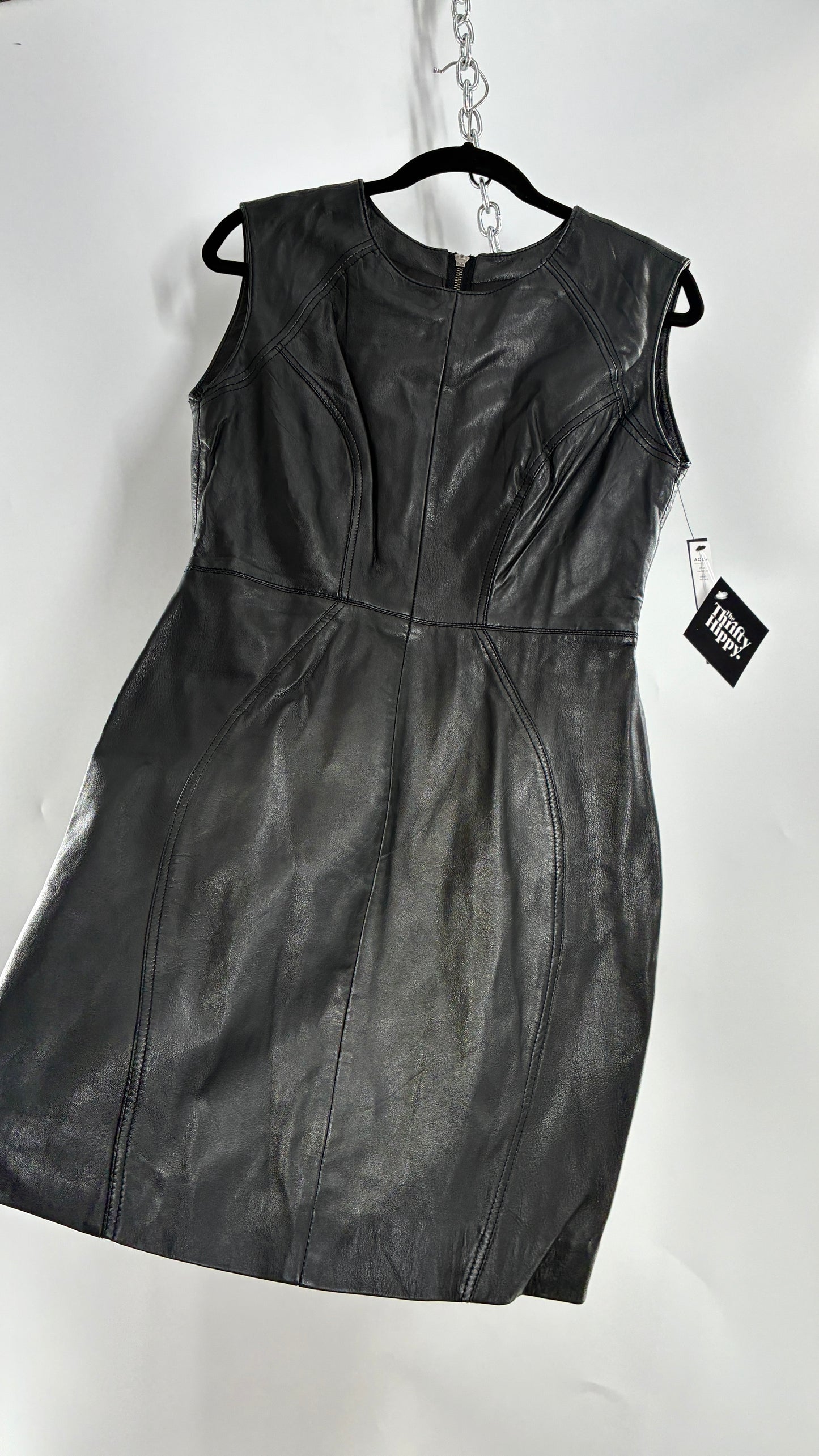 AQUA LUXE Black Leather Bodycon Paneled Dress with Tags Attached (Small)