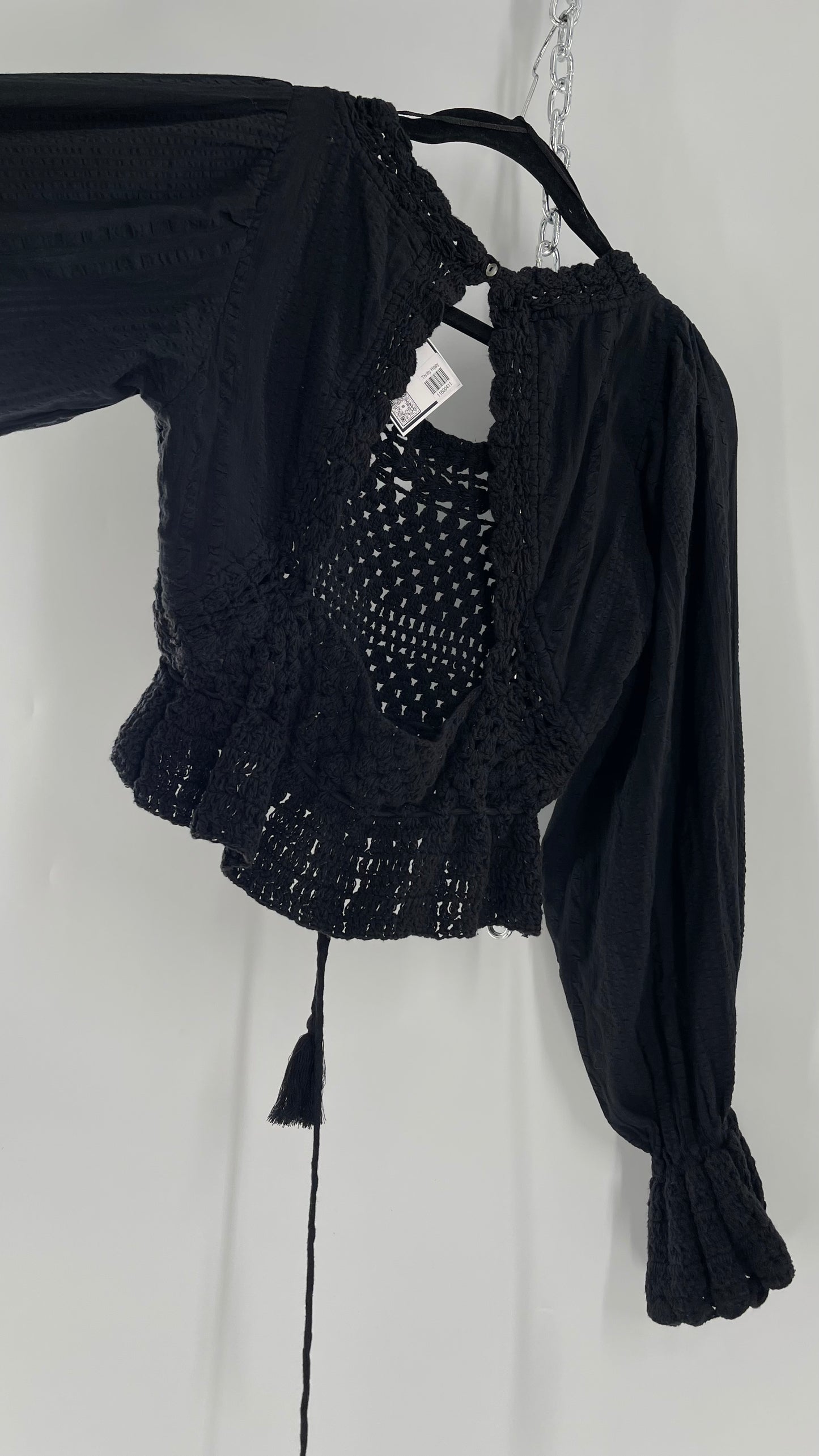 Free People Black ‘Megan’ Woven Macrame Crochet Cropped Blouse with Balloon Sleeves and Flared Cuffs (XS)