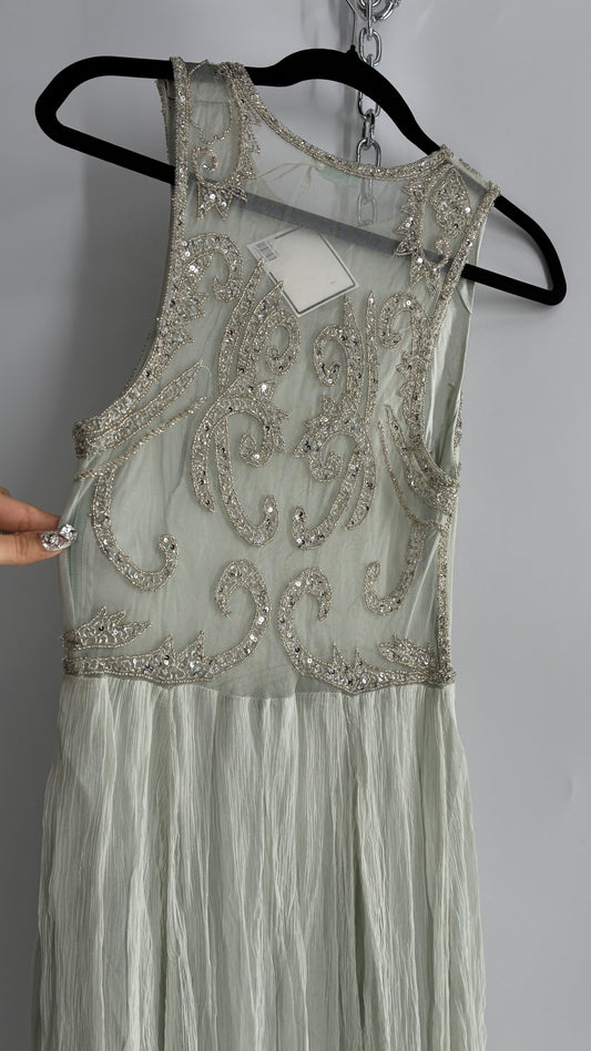KIMCHI BLUE Light Greyish Seafoam Green Crimped Gown with Beaded Bodice and Sheer Back (2)