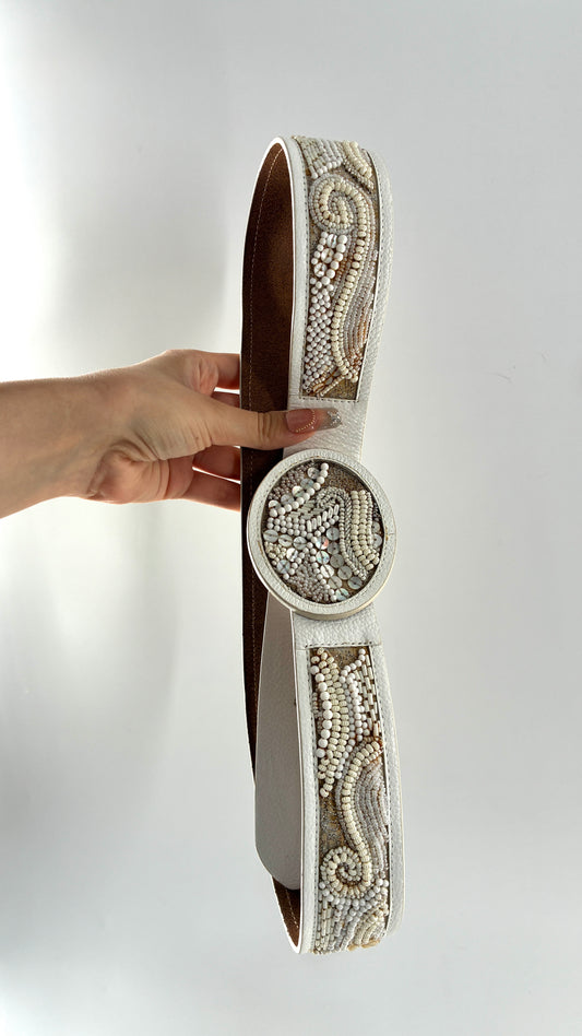 Vintage White Leather Belt with Beaded Details and Oval Buckle