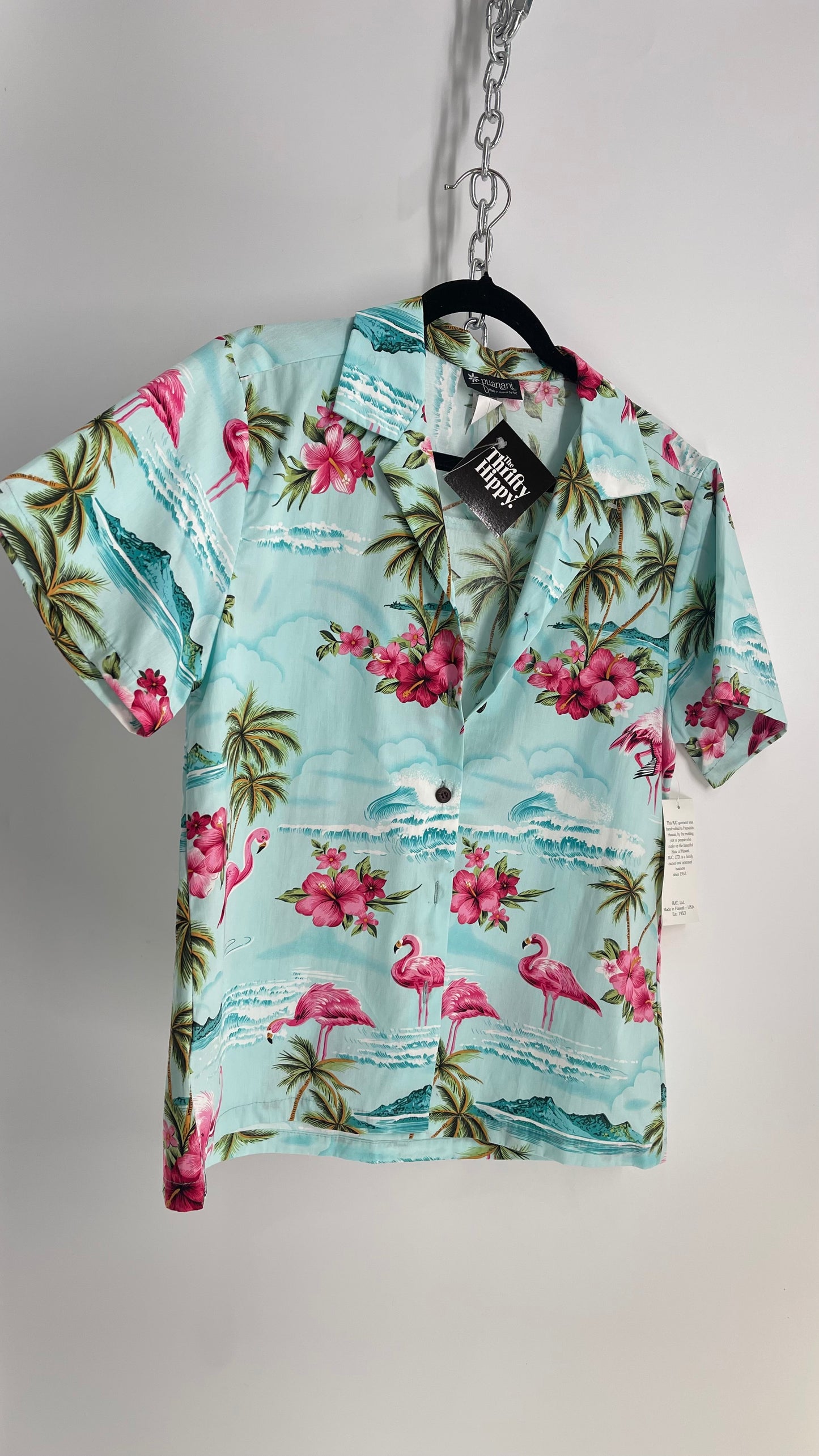 Deadstock Vintage Punani Hawaiian Men’s Flamingo, Tropical Button Front (Medium)