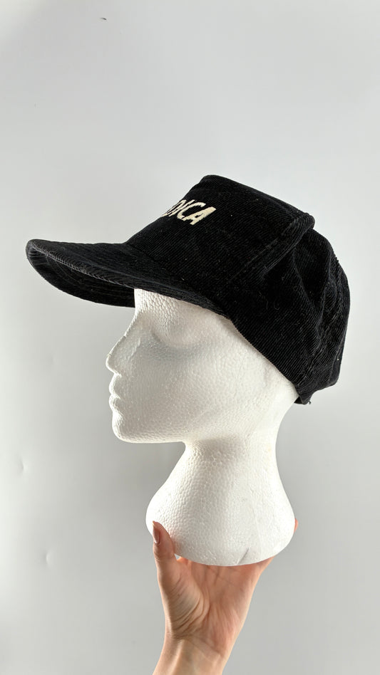 Vintage 1980s NORDICA Sportswear Black Corduroy Embroidered SnapBack Hat