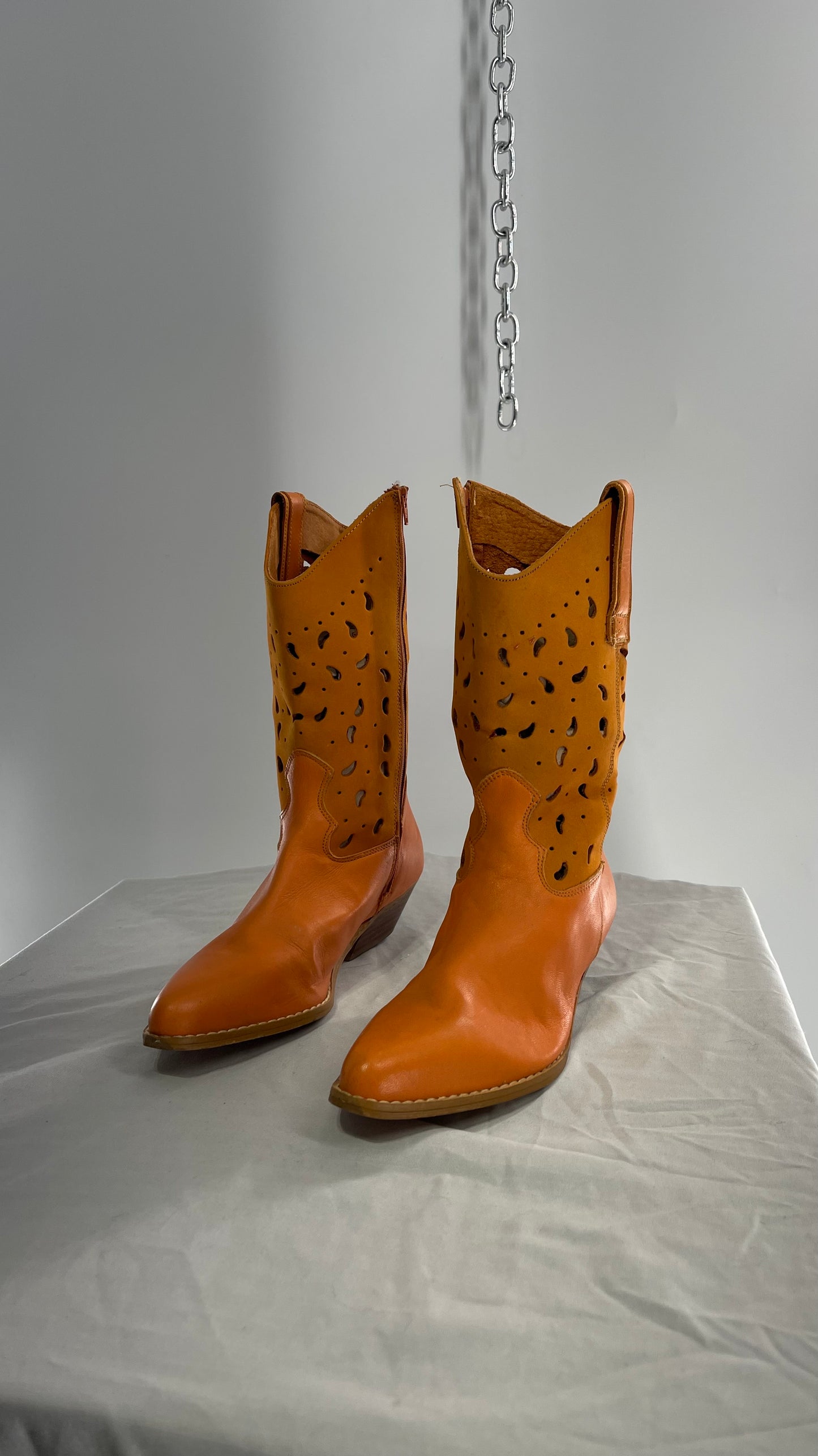 Vintage Santa Barbara Orange Leather Made in Spain Pointed Toe Cowboy Boots (8)