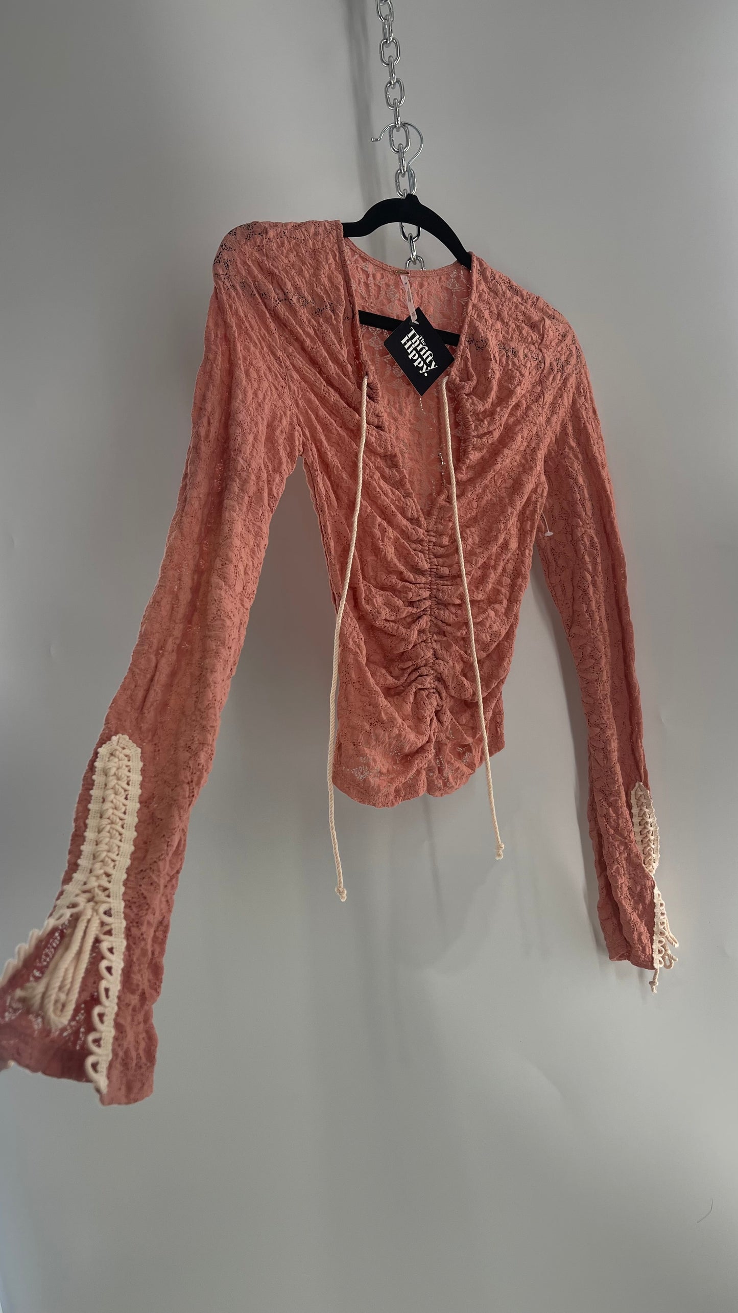 Free People Pink Lace Long Sleeve with Beige Lace Up Sleeve Detail (XS)