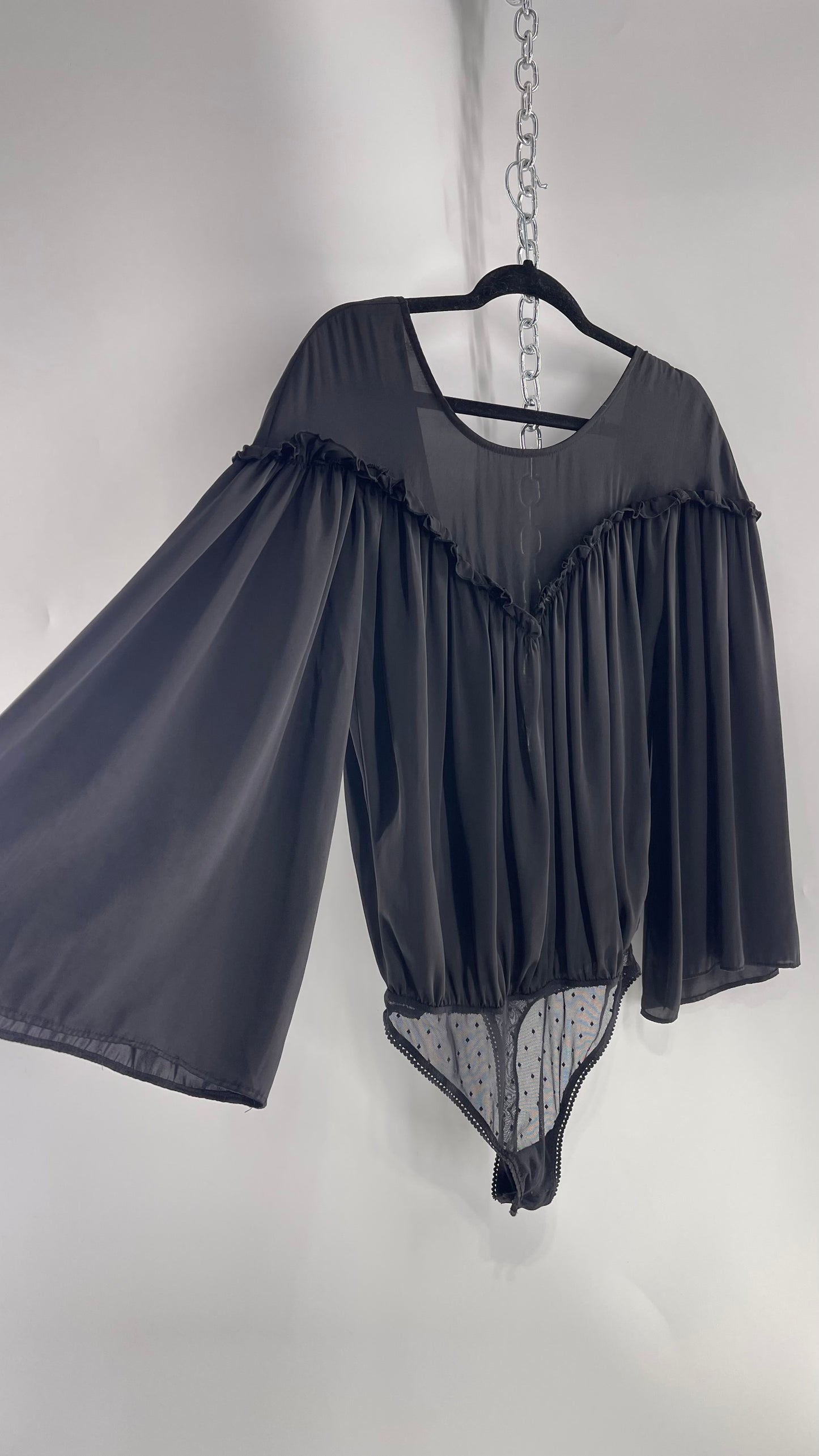 Free People Black Silky Ruffled Sweetheart Neckline Detail with Pleated Bodice and Open Back (XS)