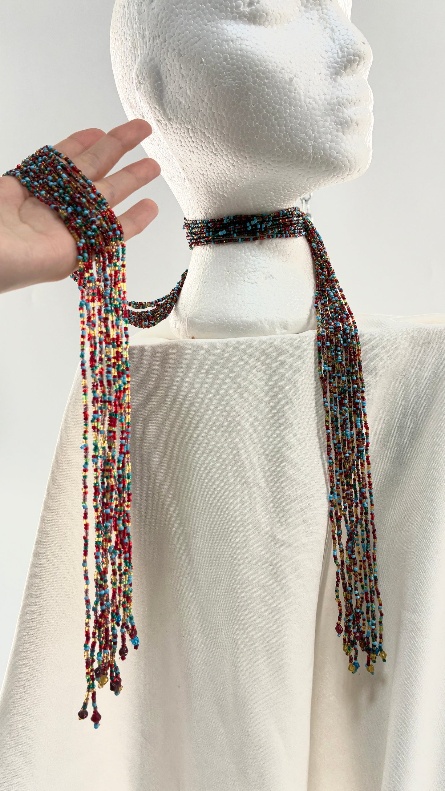 Vintage Red Blue Beaded Scarf Necklace