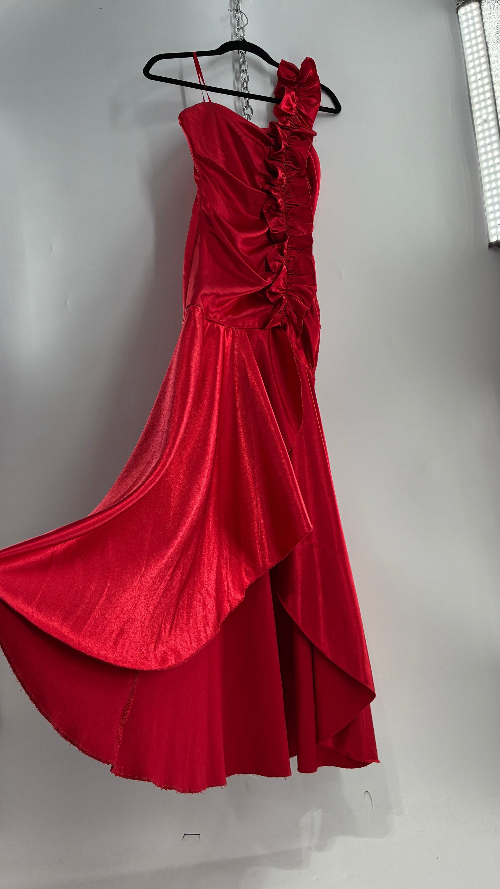 Vintage Ruby Rox Red Full Length One Shoulder Ruched Gown (3) The Thrifty Hippy Vintage Ruby Rox Red Full Length One Shoulder Ruched Gown (3) The Thrifty Hippy