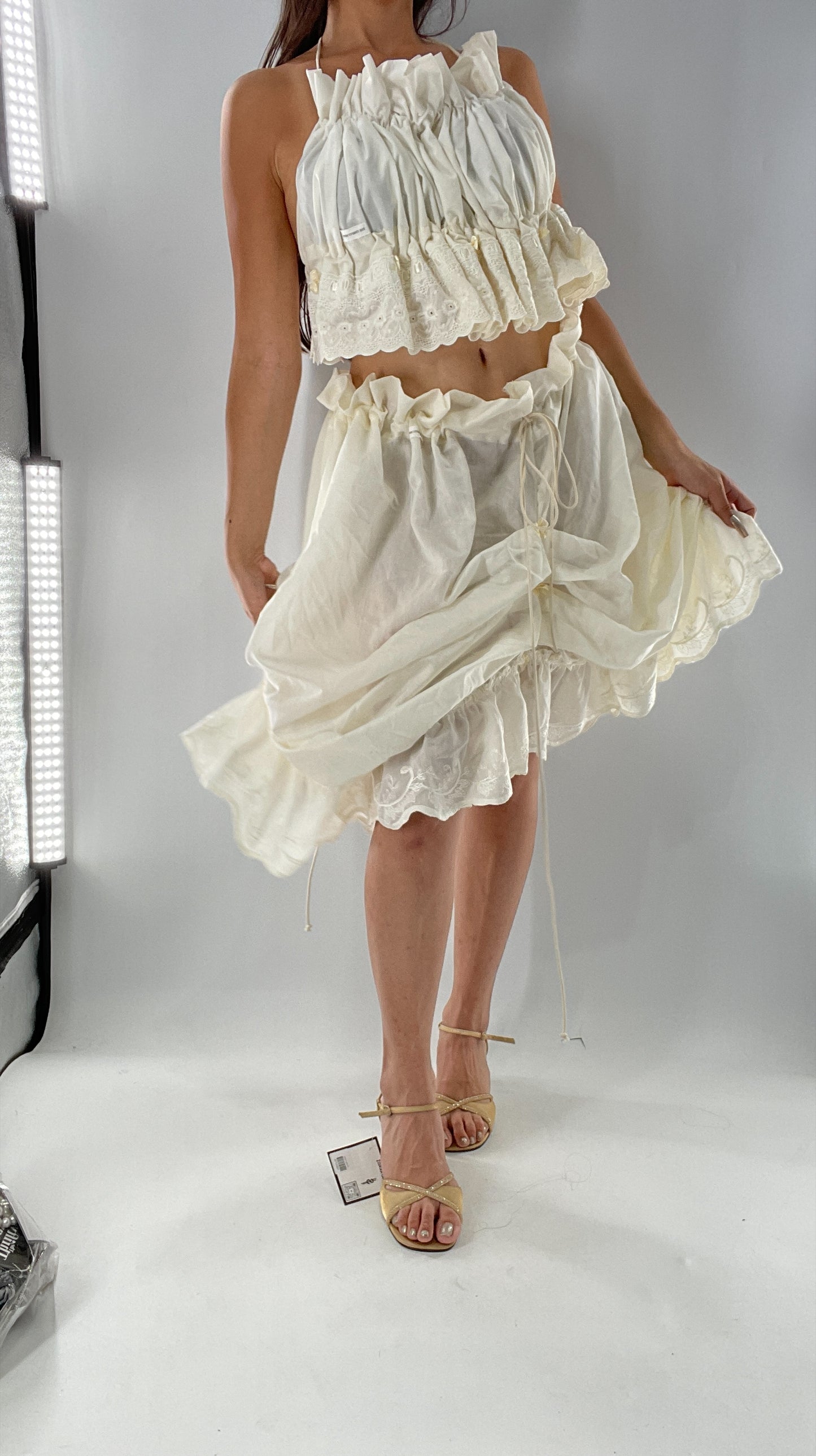 Custom Vintage Cottage Off White Set with Ruched/Scalloped Lace/Backless Top and Draping/Ribbon Skirt (One Size)