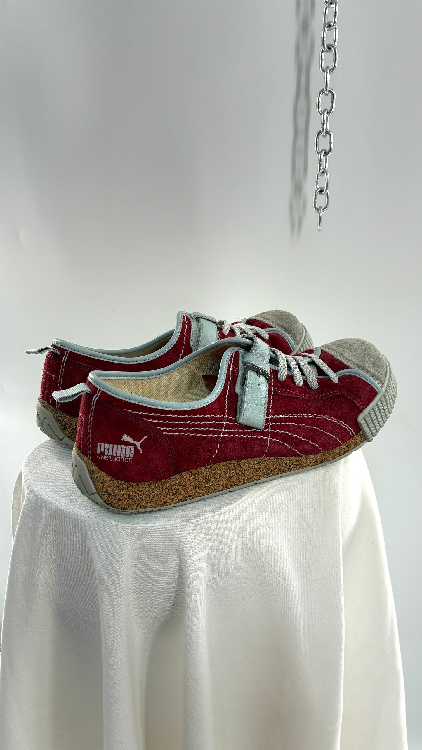 RARE 1/1 PUMA X Neil Barrett 2004 Maroon Red Suede Round Toe Sneaker with Powder Blue Stitching, Laces, and Velcro Buckle (11)
