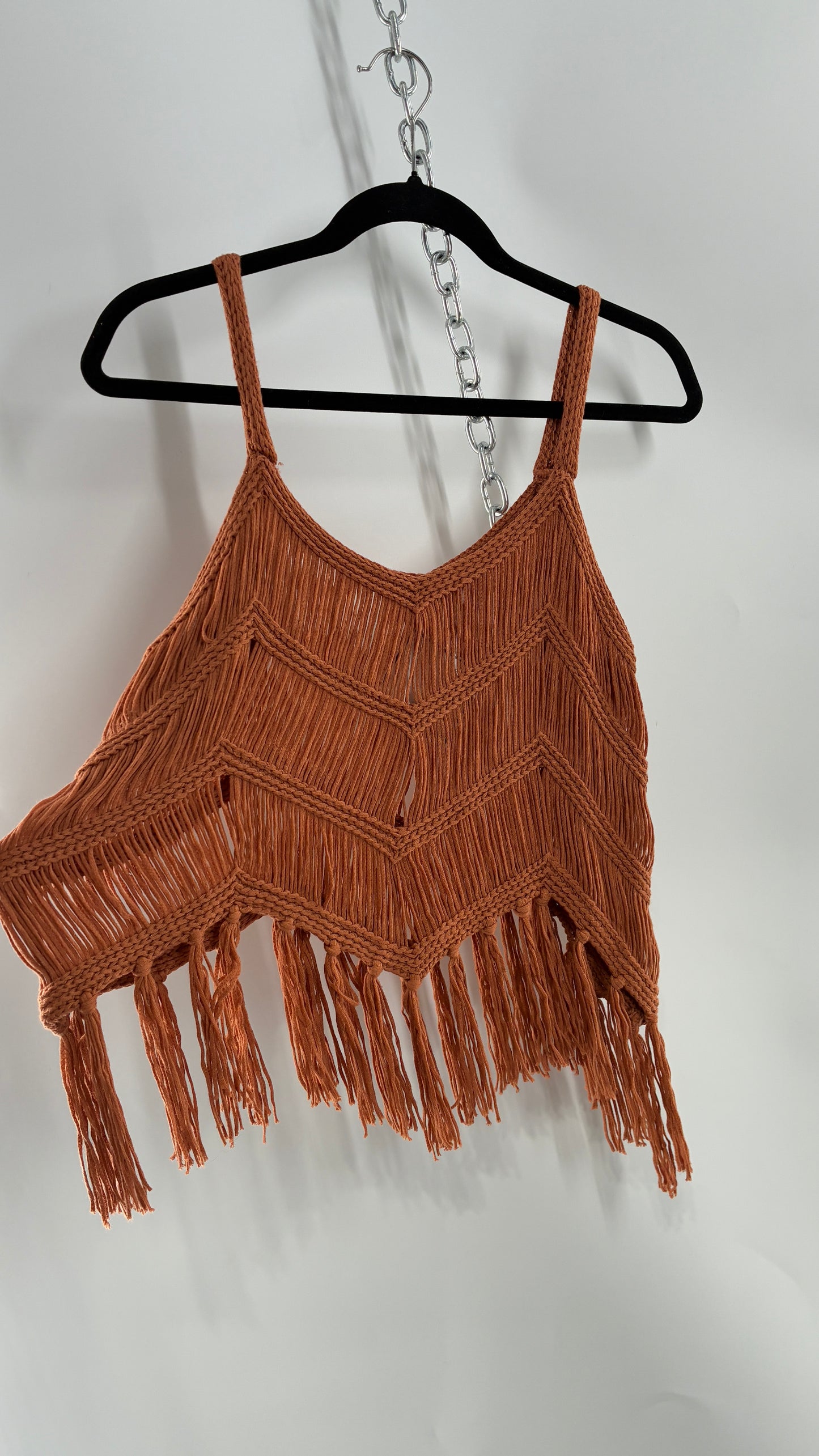 Vintage Rust Orange Macrame Fringe Sleeveless Top (Large)
