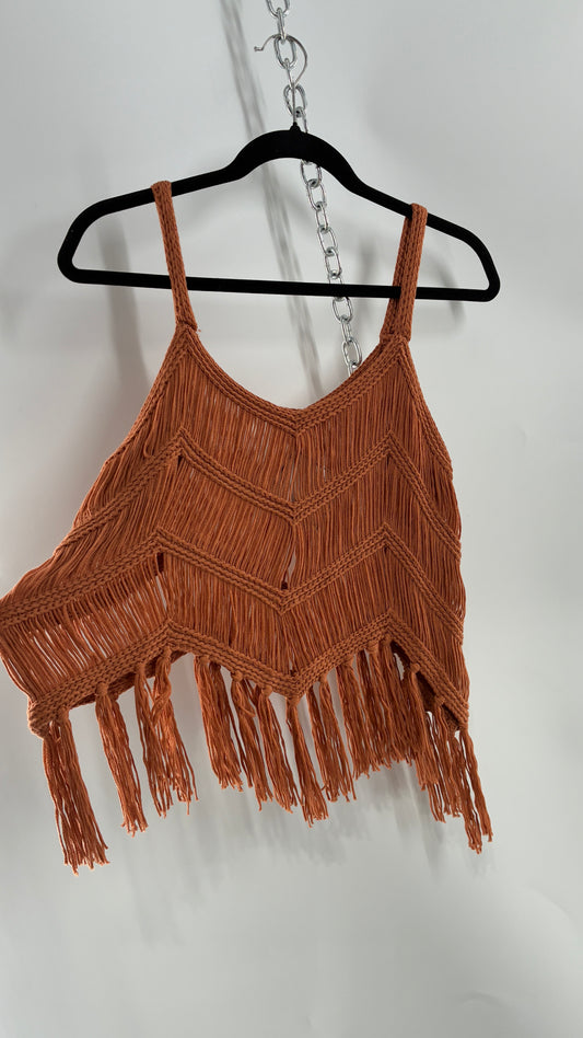 Vintage Rust Orange Macrame Fringe Sleeveless Top (Large)
