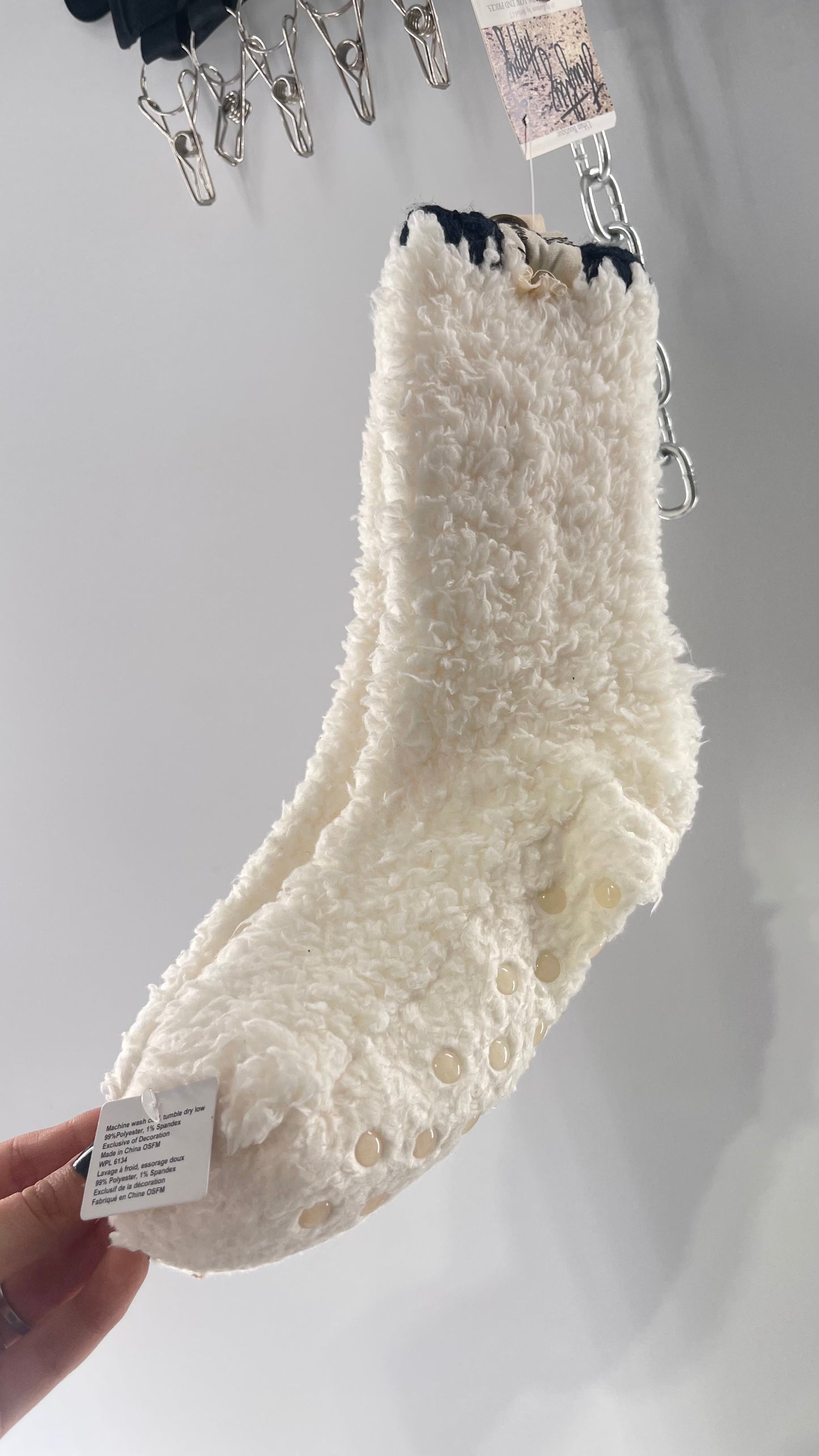 Free People White Fluffy Socks with Sole Grips with Black Stitched Detail on the Ankle