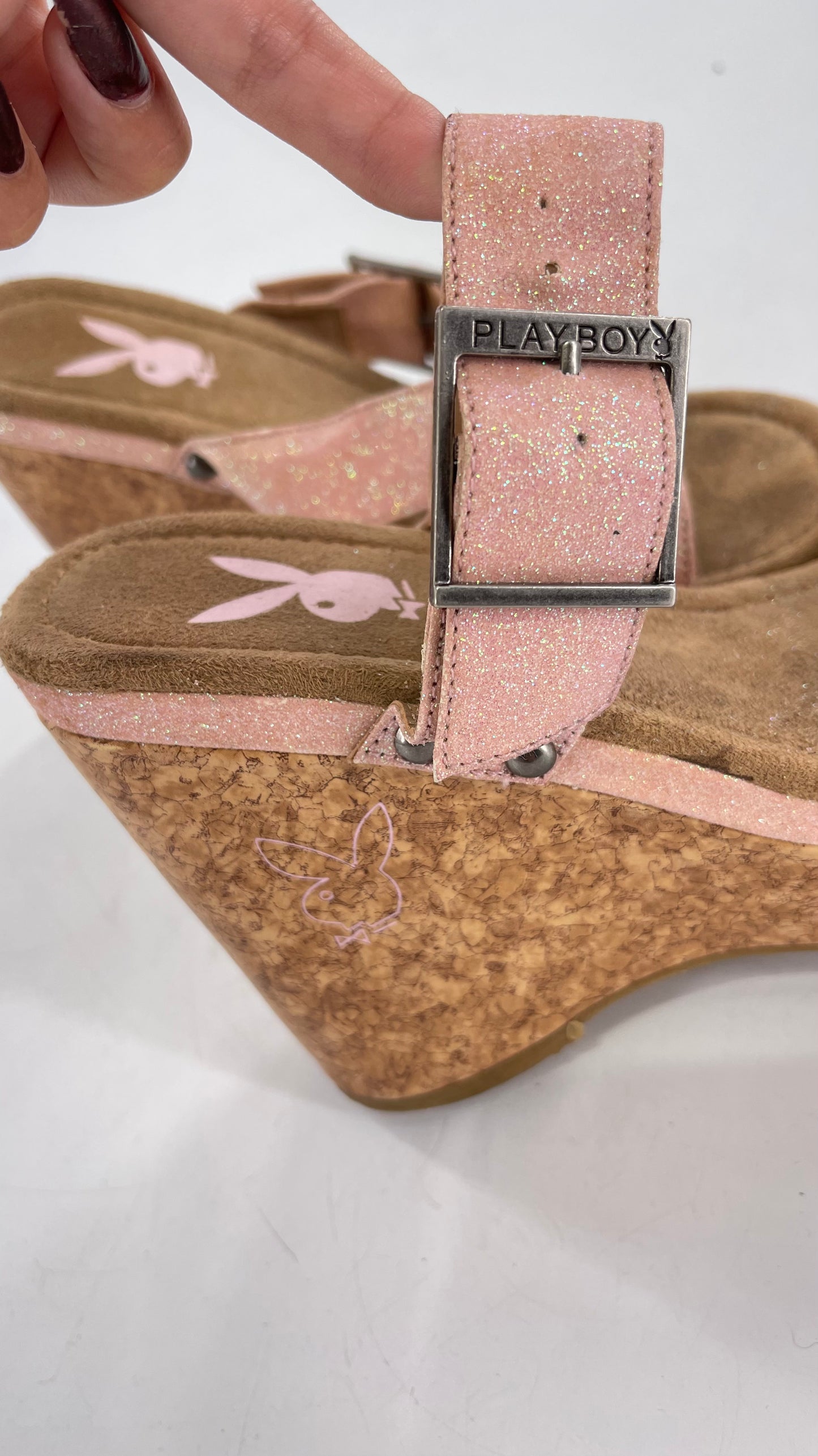 Playboy Pink Glitter Wedge Heel with Cork Heel and Playboy Engraved Buckle (6)