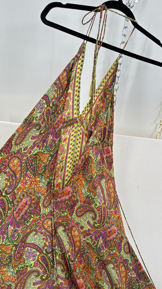 Vintage MIKV Paisley Patterned Flowy Full Length Gown with Low, Open Back Detail (OS)