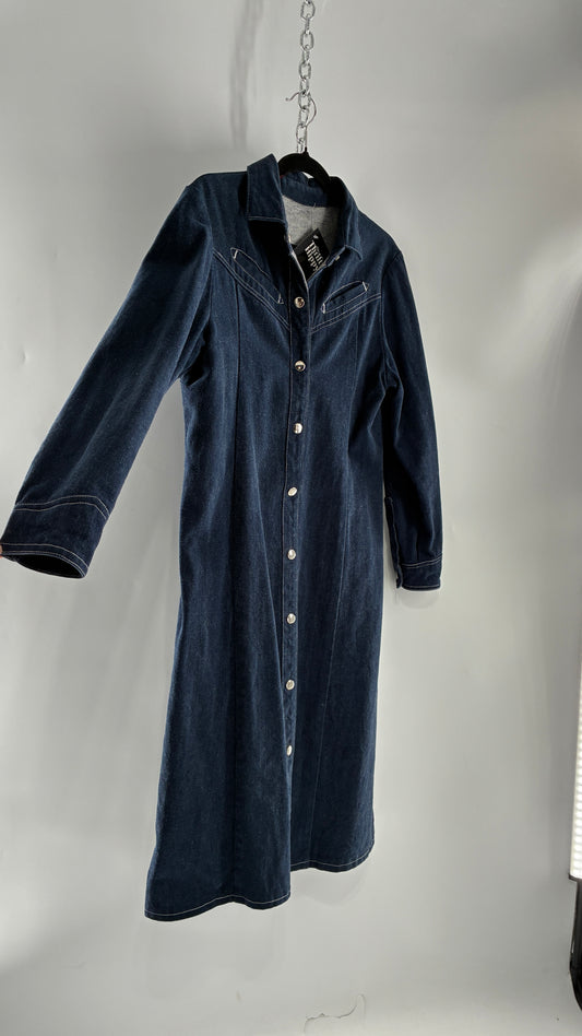 Vintage Dark Wash Denim Long Sleeve Collared Midi Dress with Contrast White Stitching (M/L)