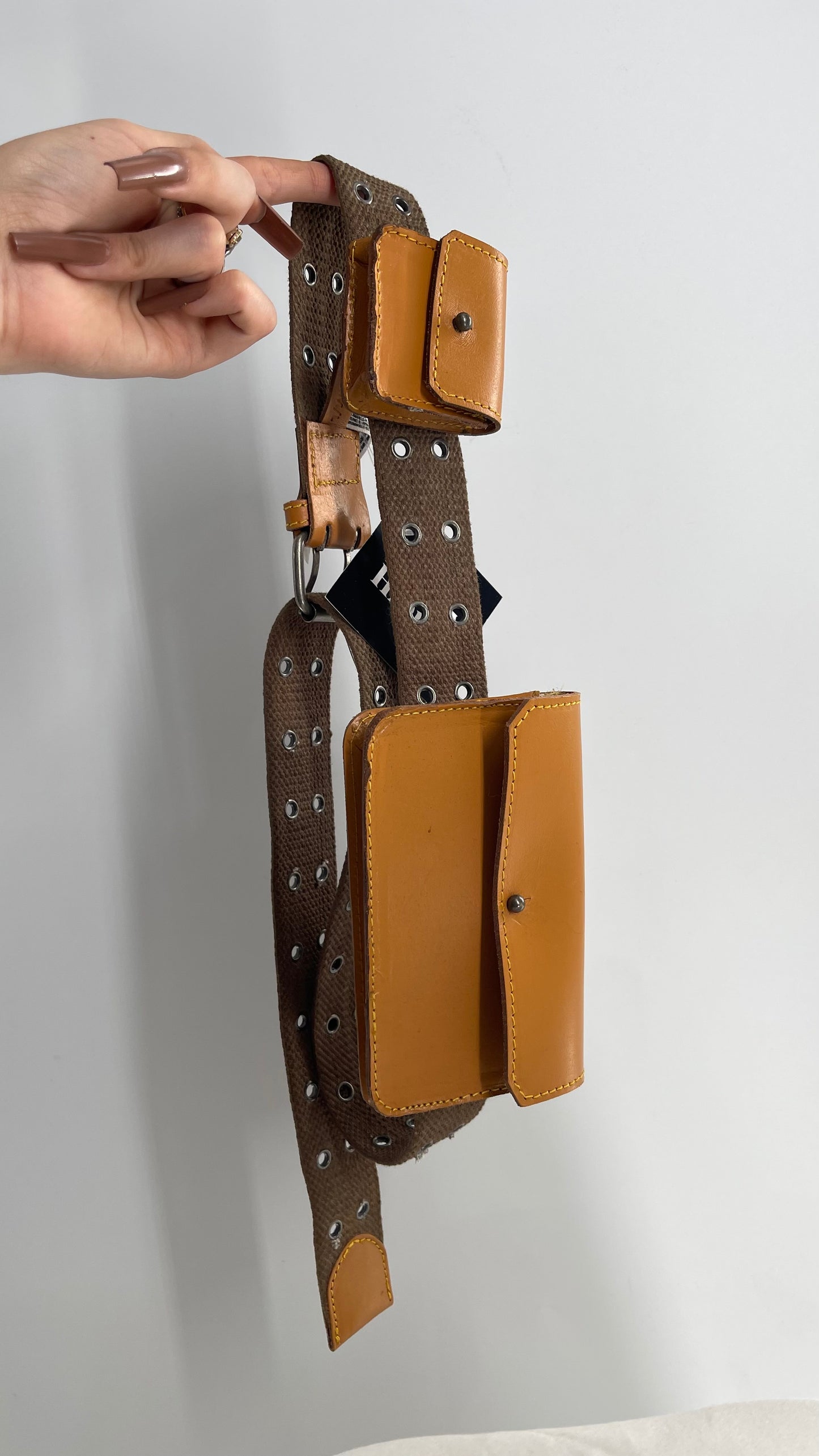 Free People Grommet Canvas Belt with Tan Leather Pouches (M/L)